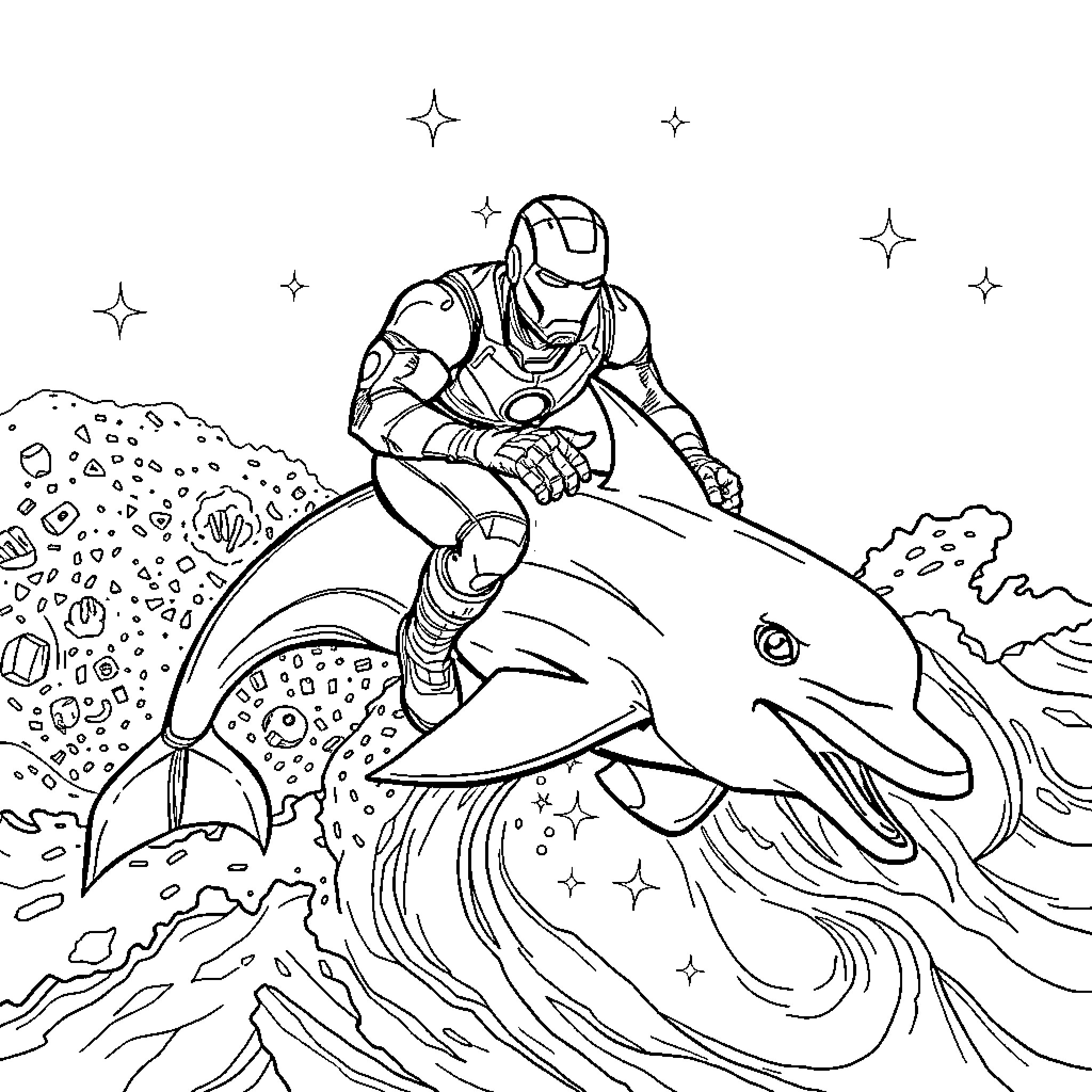 Ironman riding a giant sea creature in the cosmos Coloring Page (free black-and-white line drawing printable PDF for all, from beginners to advanced learners, including children, teens, adults, and seniors)