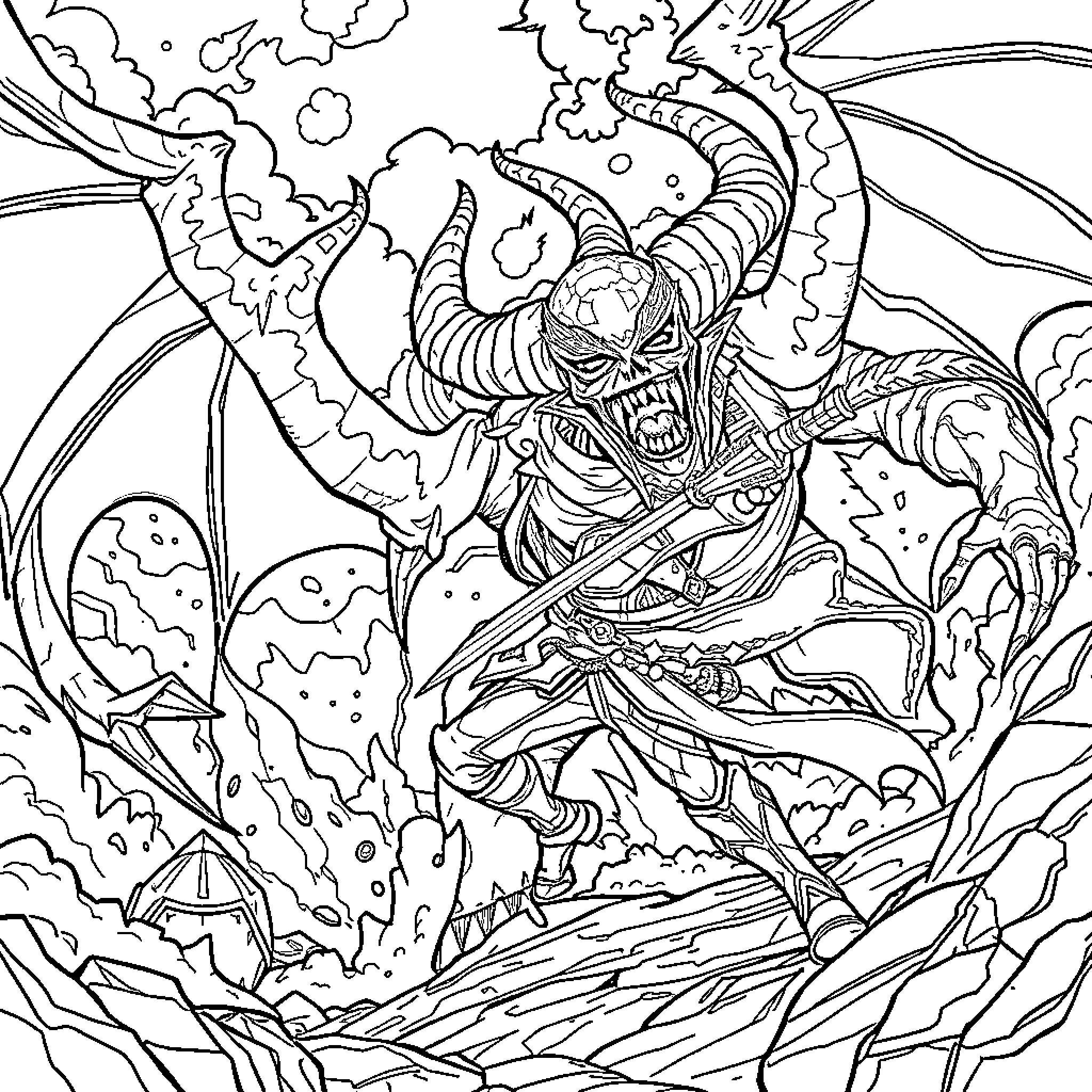 Assassin's Fury: A Cloaked Figure's Deadly Dance Coloring Page (free black-and-white line drawing printable PDF for all, from beginners to advanced learners, including children, teens, adults, and seniors)