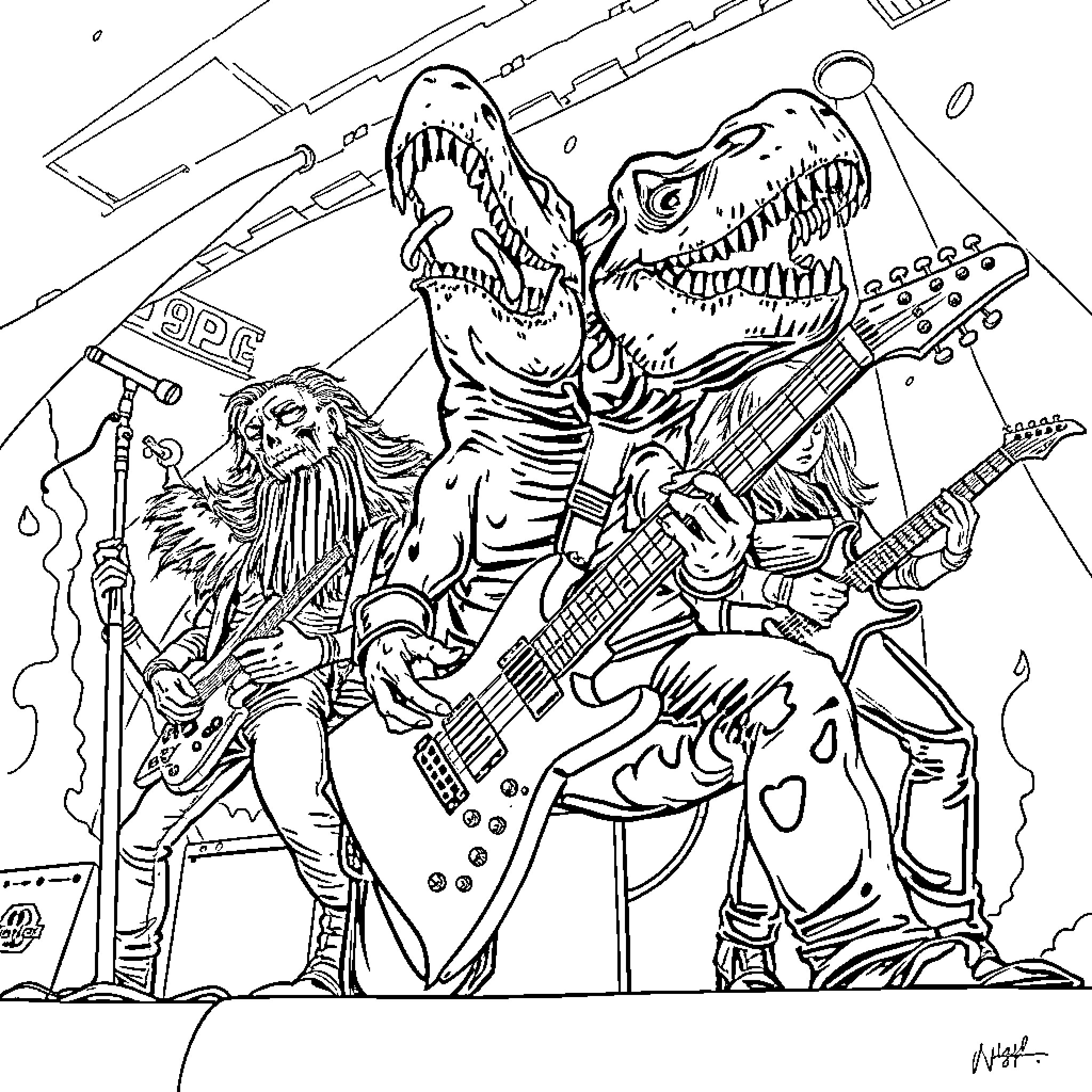 Music Band of Fierce Dinosaur Musicians on Stage Coloring Page (free black-and-white line drawing printable PDF for all, from beginners to advanced learners, including children, teens, adults, and seniors)