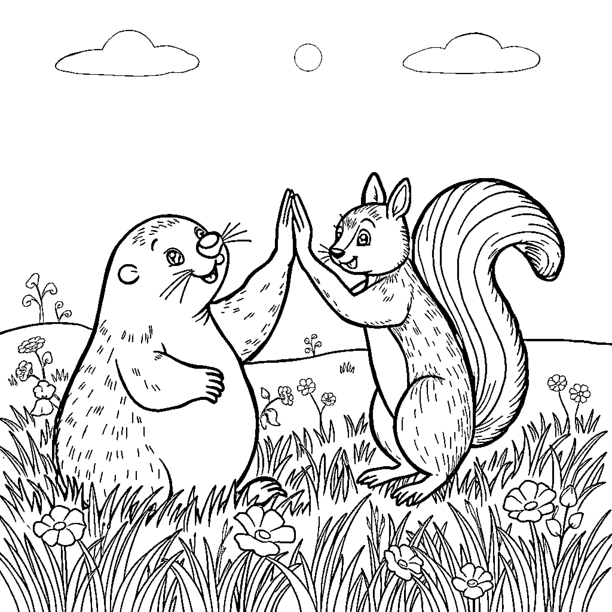Mole and Squirrel in Playful Encounter Coloring Page (free black-and-white line drawing printable PDF for all, from beginners to advanced learners, including children, teens, adults, and seniors)