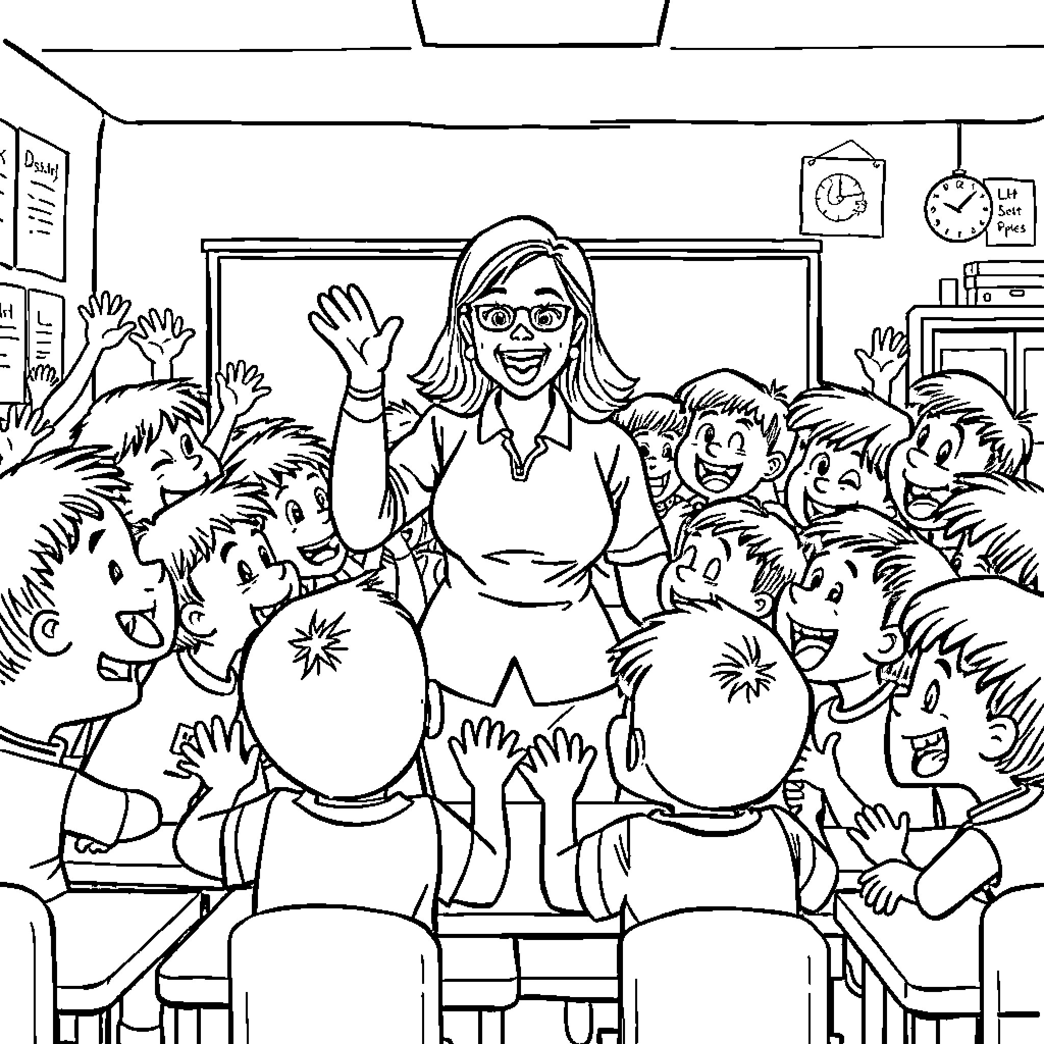 Teacher engaging enthusiastically with students in classroom Coloring Page (free black-and-white line drawing printable PDF for all, from beginners to advanced learners, including children, teens, adults, and seniors)