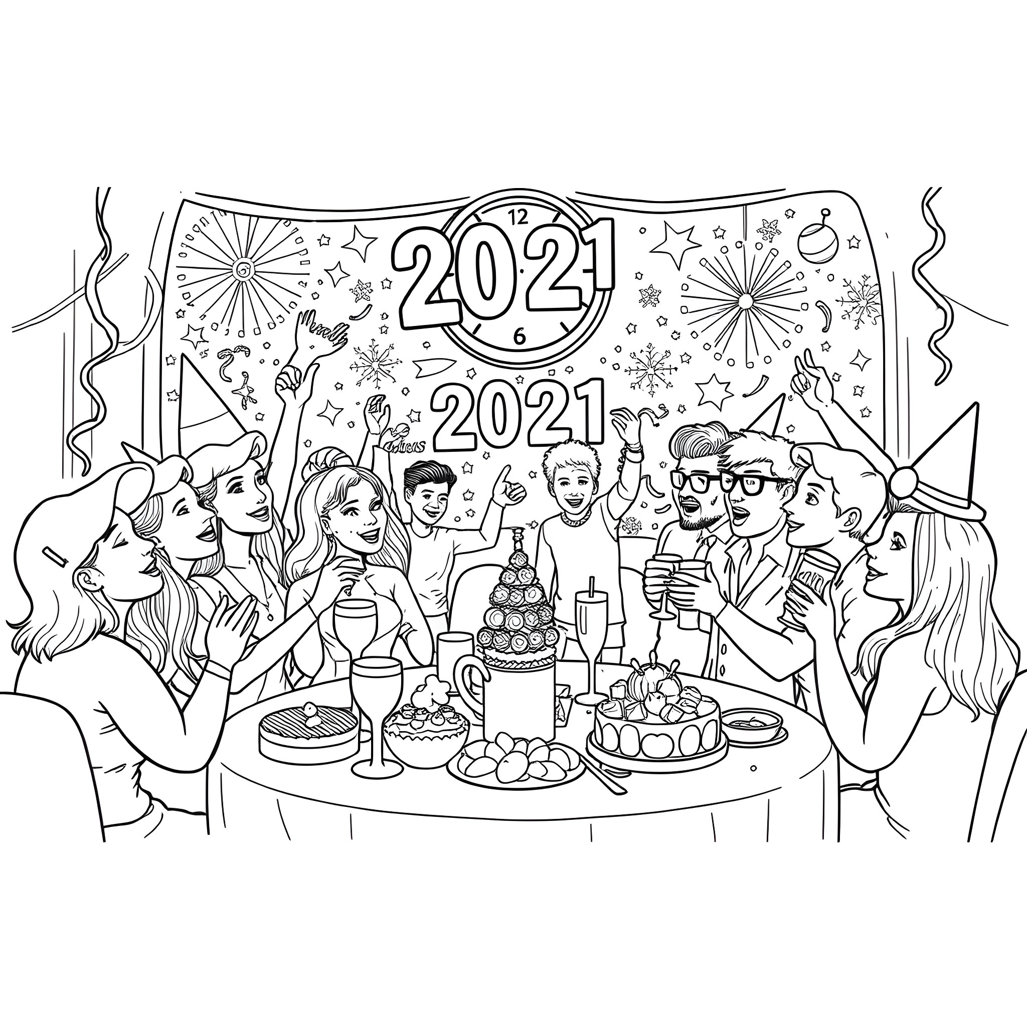 New Year's Eve celebration with friends and family Coloring Page (free black-and-white line drawing printable PDF for all, from beginners to advanced learners, including children, teens, adults, and seniors)