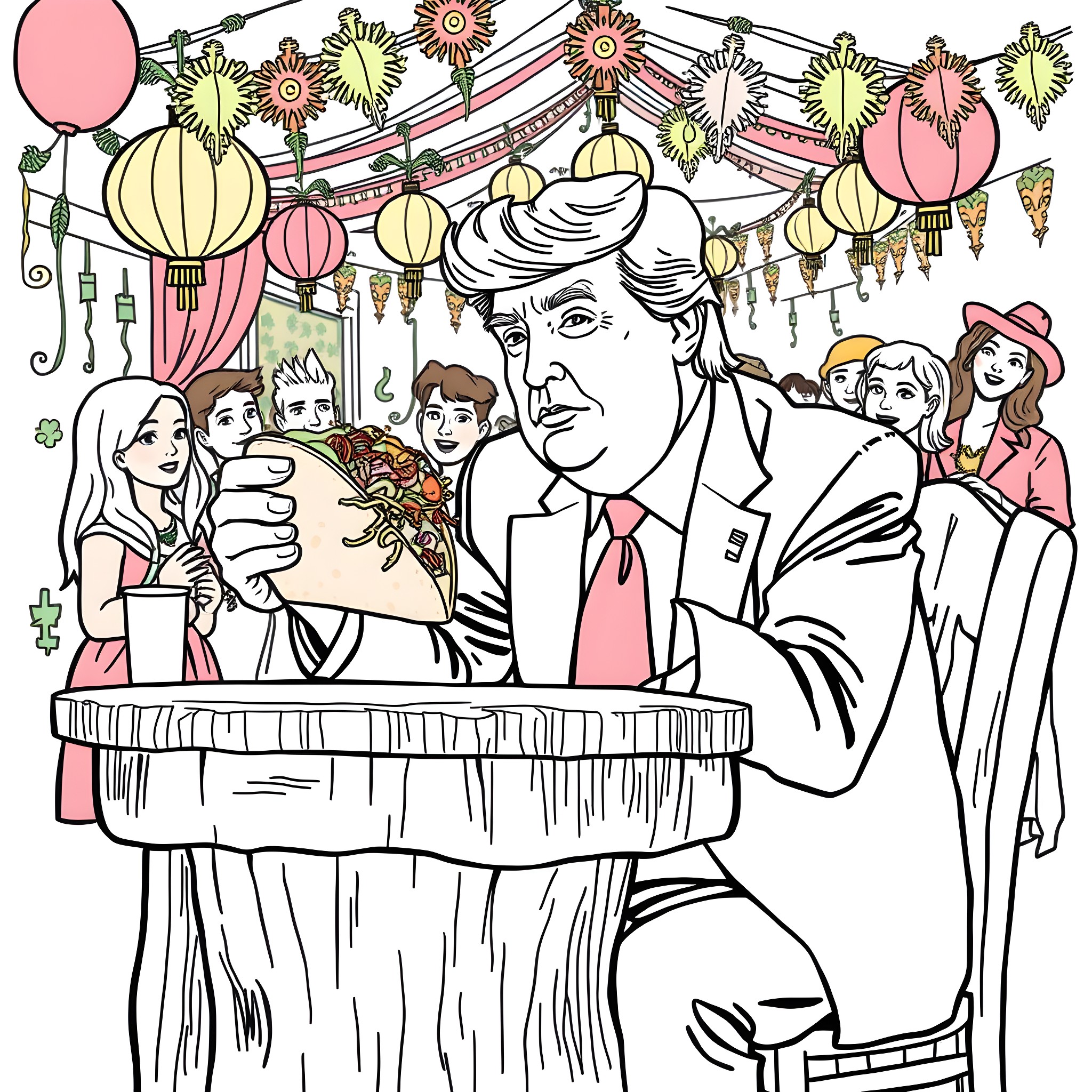 Donald Trump Holding Bouquet at Festive Gathering Coloring Page (free black-and-white line drawing printable PDF for all, from beginners to advanced learners, including children, teens, adults, and seniors)