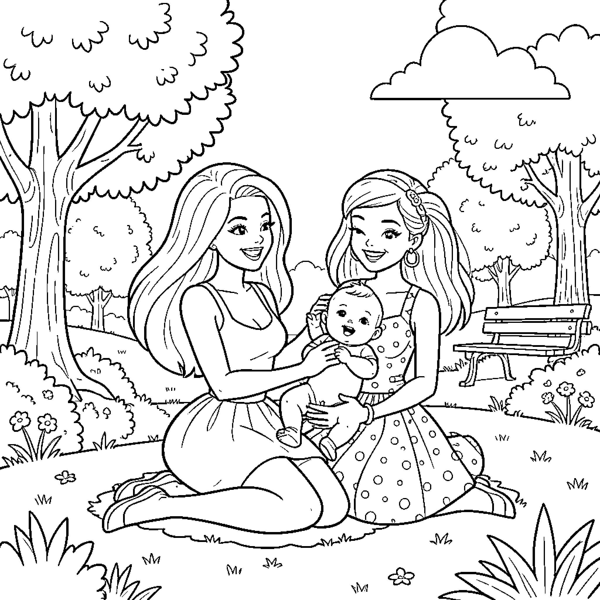 Barbie sisters enjoying a day outdoors Coloring Page (free black-and-white line drawing printable PDF for all, from beginners to advanced learners, including children, teens, adults, and seniors)
