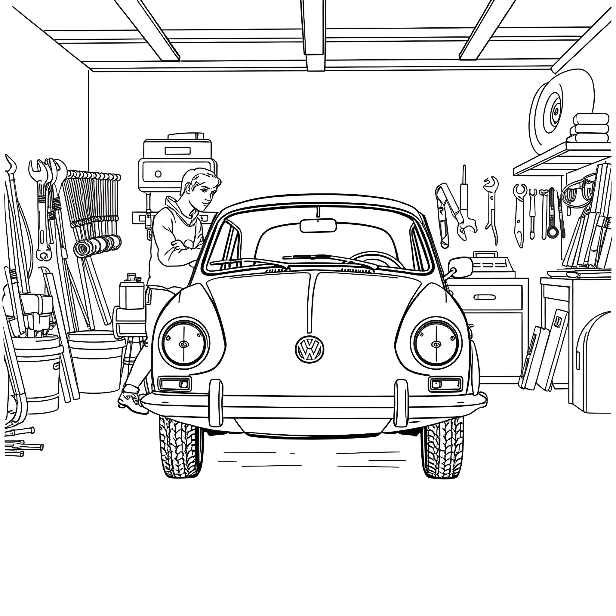 Volkswagen mechanic working on a vintage car in a garage Coloring Page (free black-and-white line drawing printable PDF for all, from beginners to advanced learners, including children, teens, adults, and seniors)