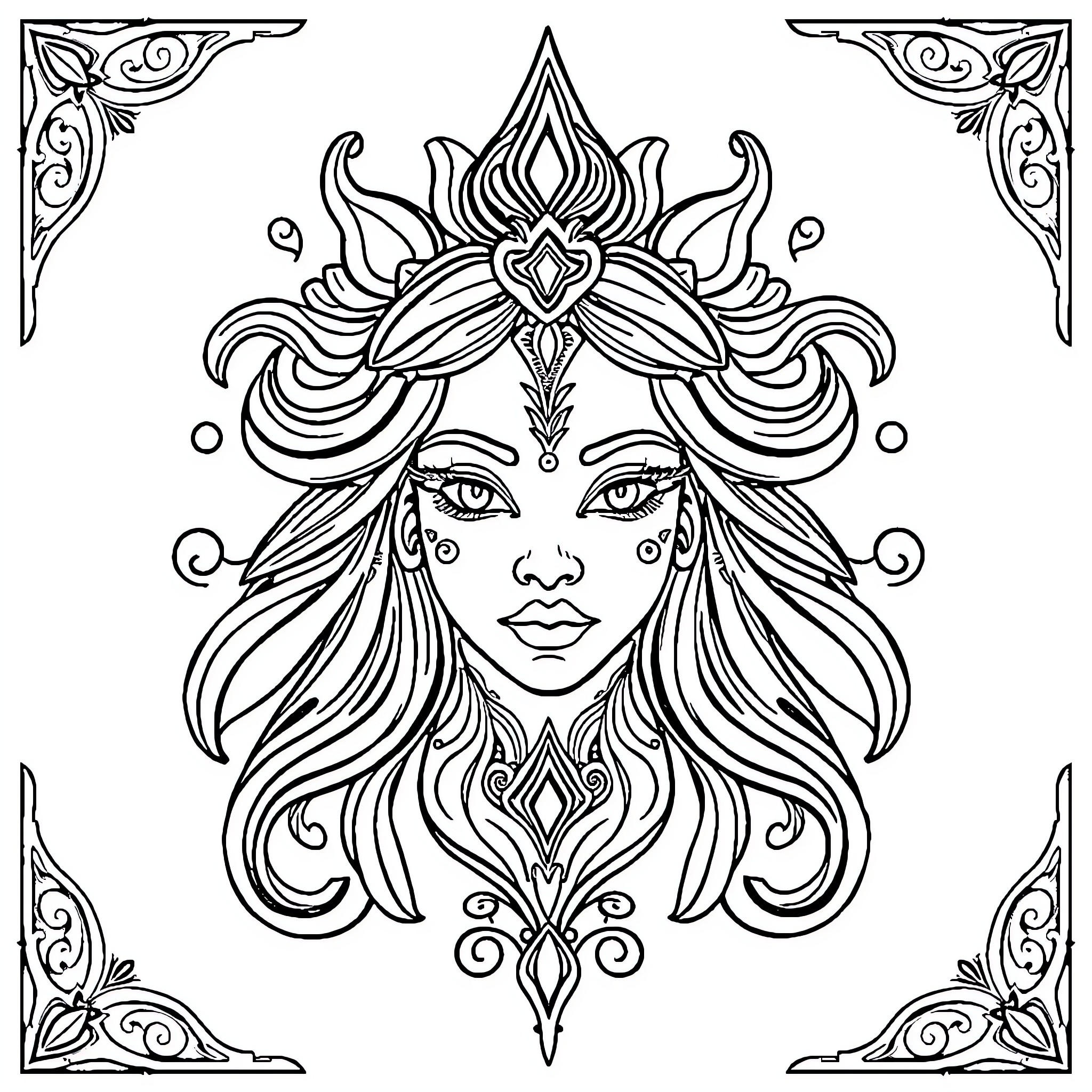 Deity with ornate headdress and flowing locks Coloring Page (free black-and-white line drawing printable PDF for all, from beginners to advanced learners, including children, teens, adults, and seniors)