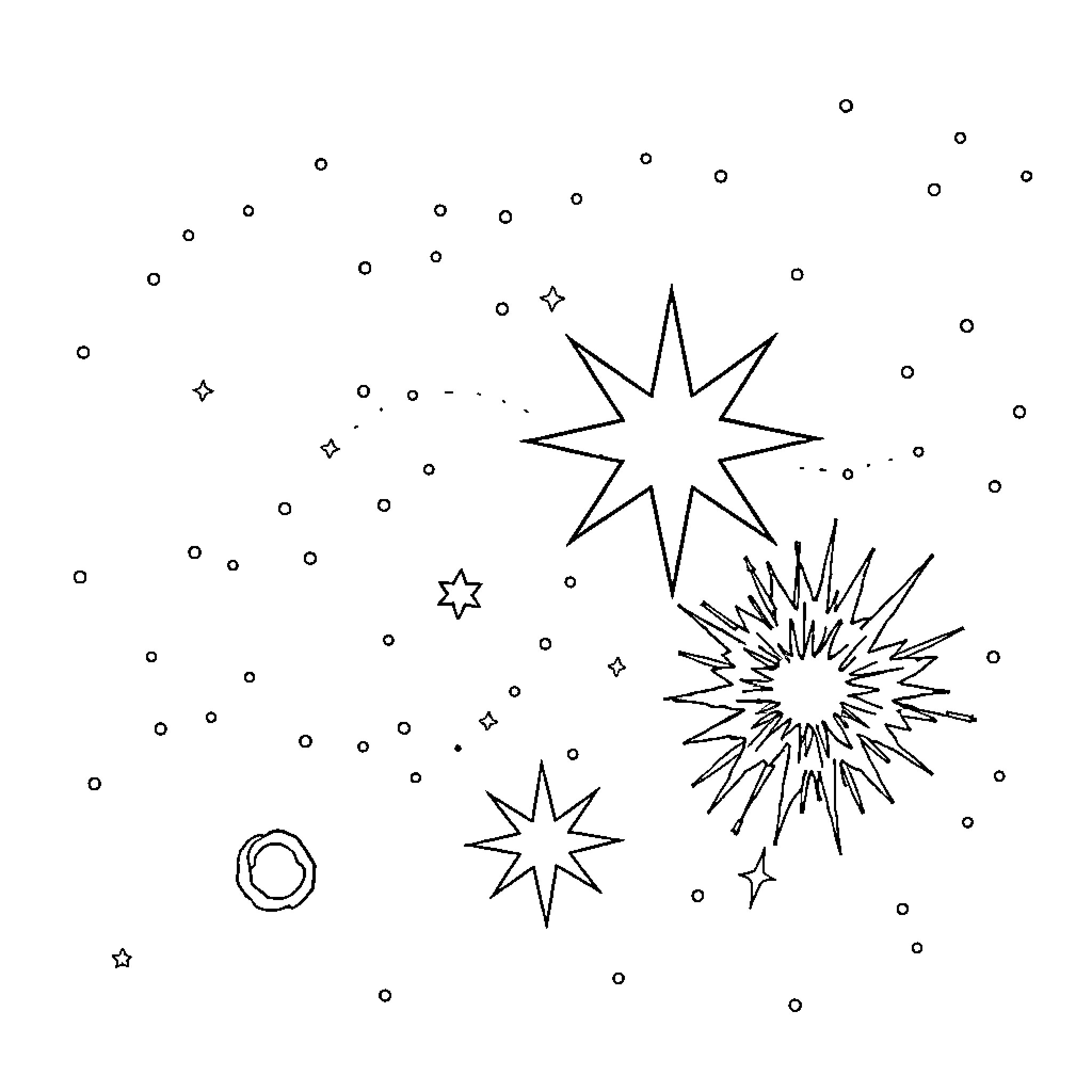 Star-filled Celestial Explosion Coloring Page (free black-and-white line drawing printable PDF for all, from beginners to advanced learners, including children, teens, adults, and seniors)