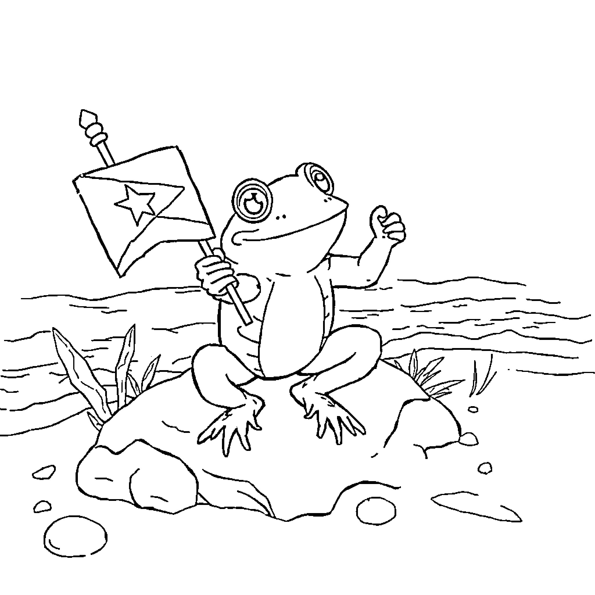 Coqui Frog Celebrating with Flag on Beach Coloring Page (free black-and-white line drawing printable PDF for all, from beginners to advanced learners, including children, teens, adults, and seniors)