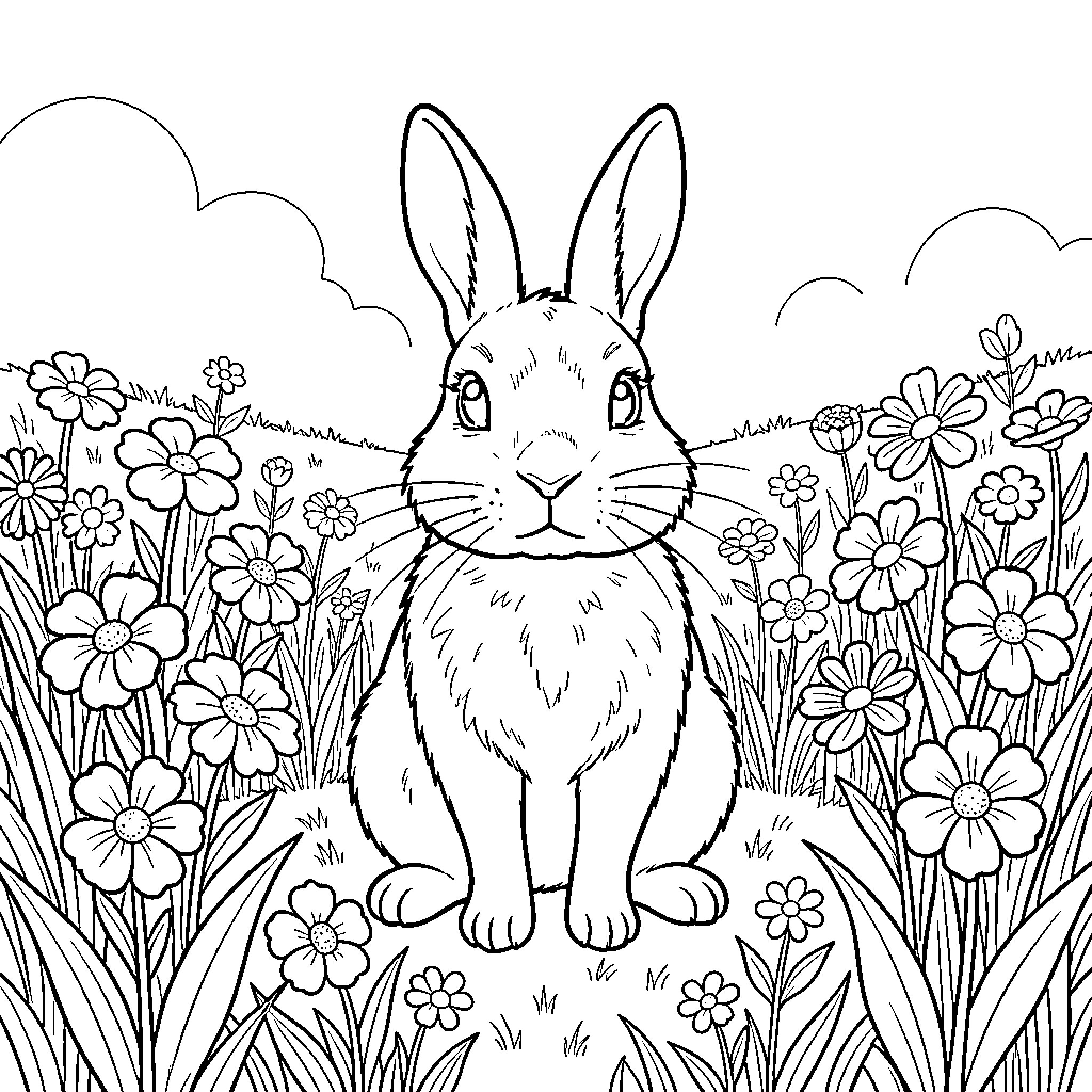Conejo sitting peacefully among many blooming flowers Coloring Page (free black-and-white line drawing printable PDF for all, from beginners to advanced learners, including children, teens, adults, and seniors)