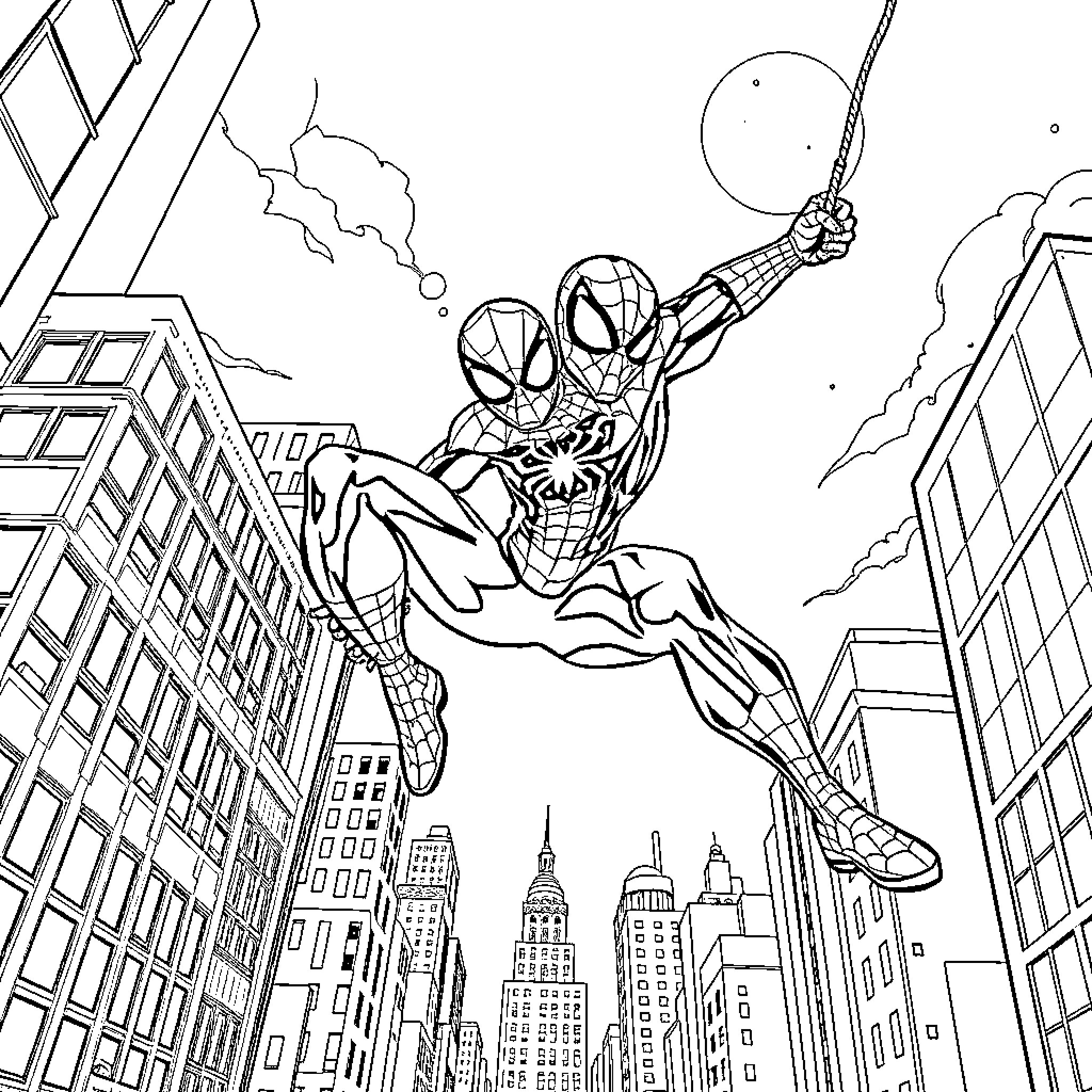 Spider-Man swinging through the city skyline Coloring Page (free black-and-white line drawing printable PDF for all, from beginners to advanced learners, including children, teens, adults, and seniors)
