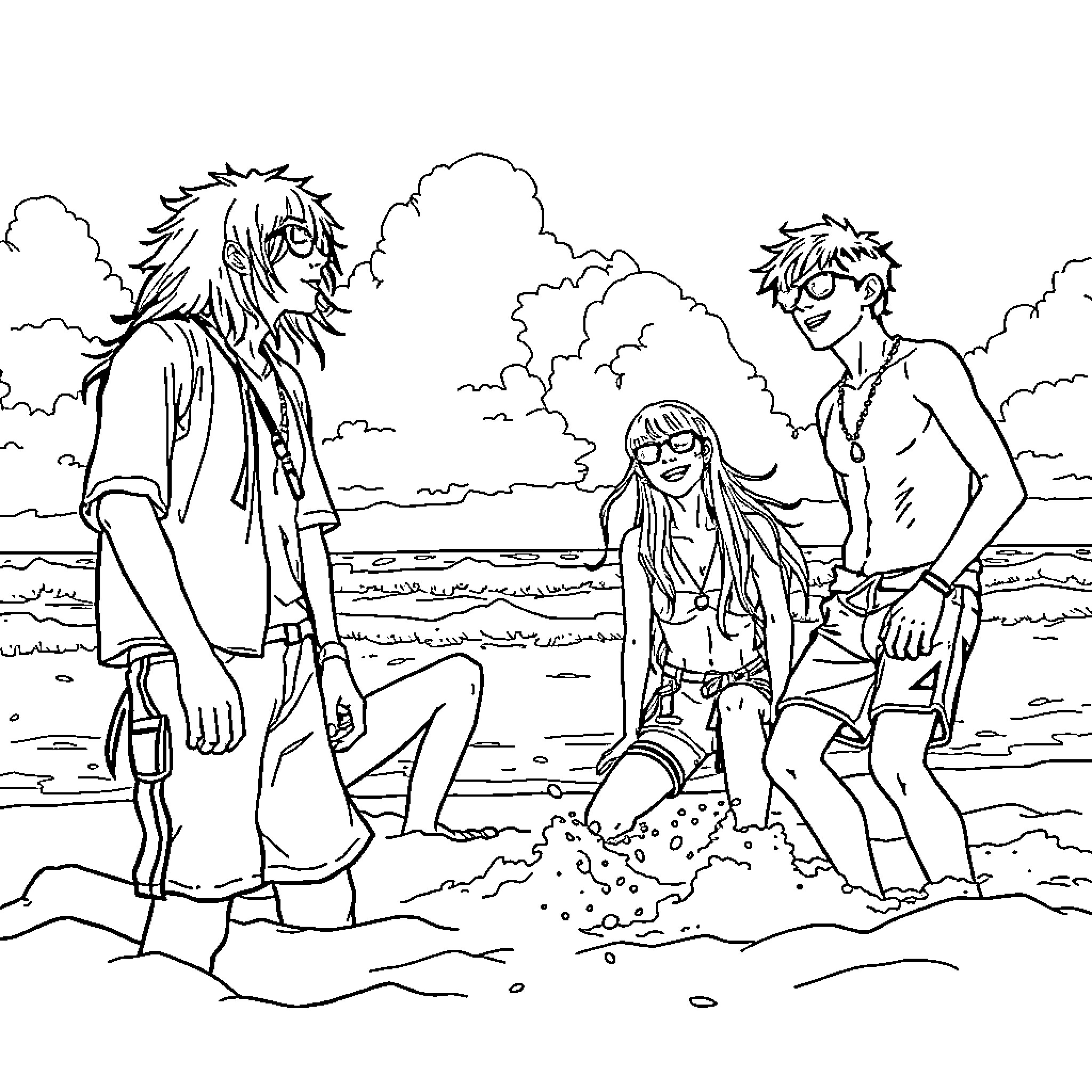 Band members enjoying a day at the beach Coloring Page (free black-and-white line drawing printable PDF for all, from beginners to advanced learners, including children, teens, adults, and seniors)