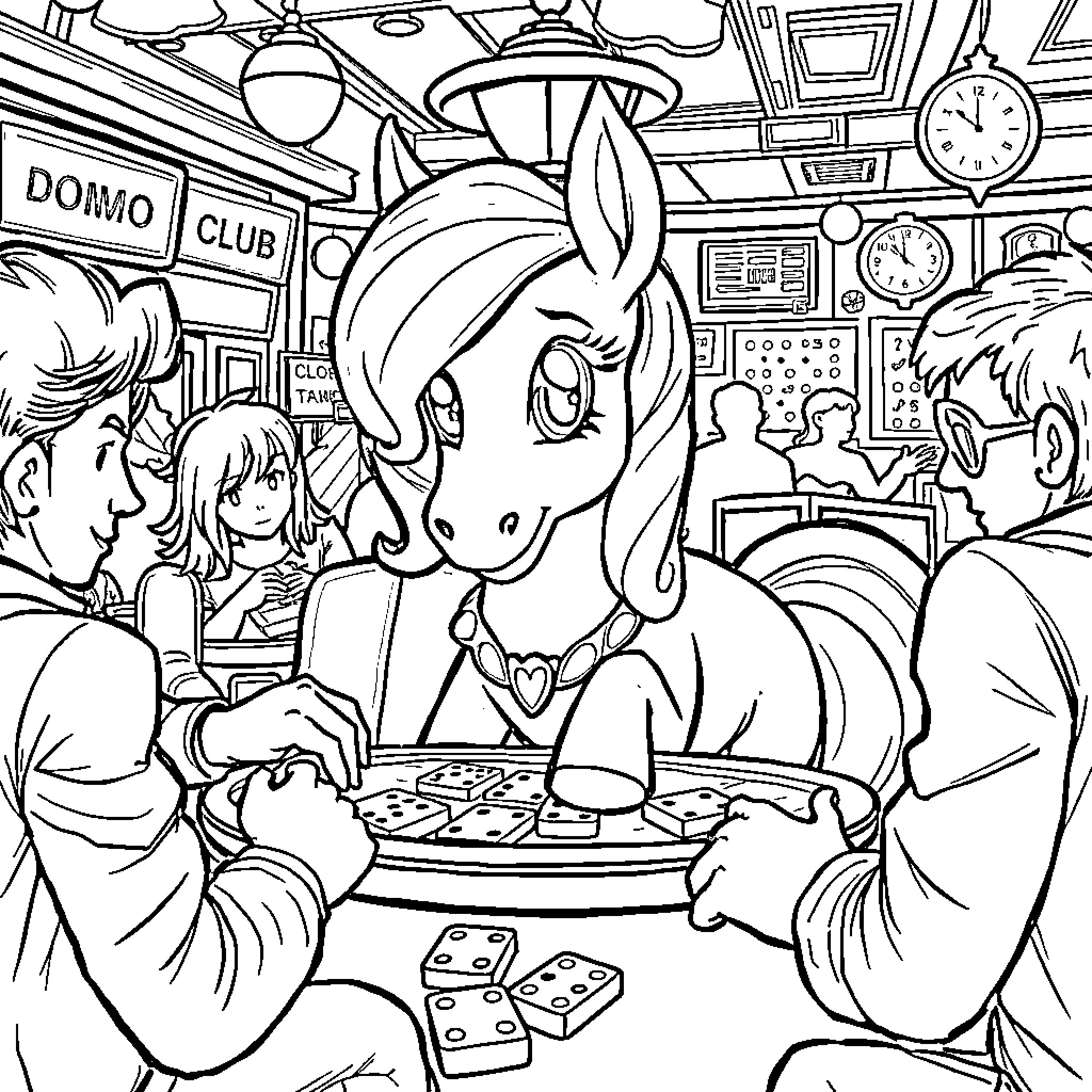 Pony playing dominoes in the club Coloring Page (free black-and-white line drawing printable PDF for all, from beginners to advanced learners, including children, teens, adults, and seniors)