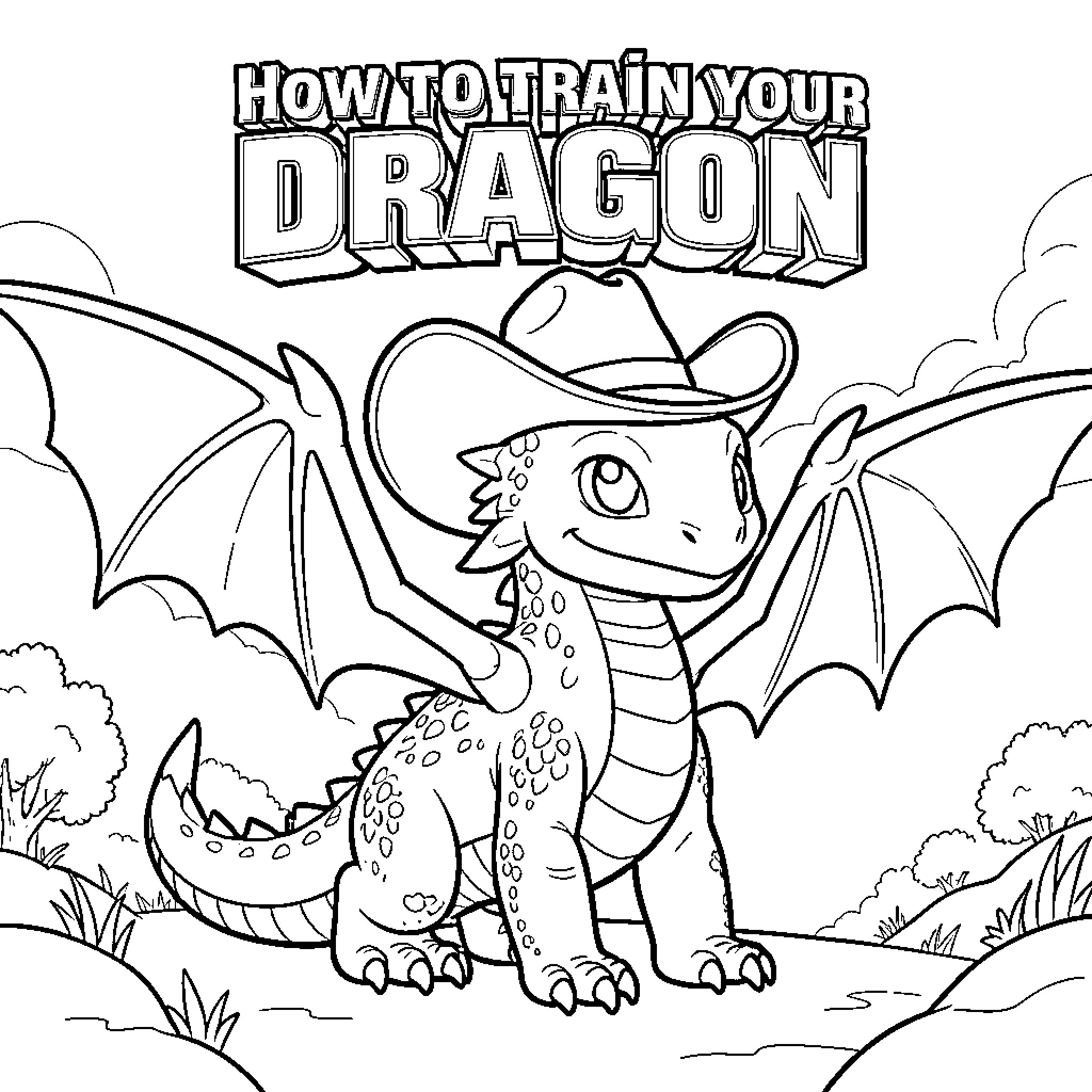 Toothless dragon in a cowboy outfit exploring the outdoors Coloring Page (free black-and-white line drawing printable PDF for all, from beginners to advanced learners, including children, teens, adults, and seniors)