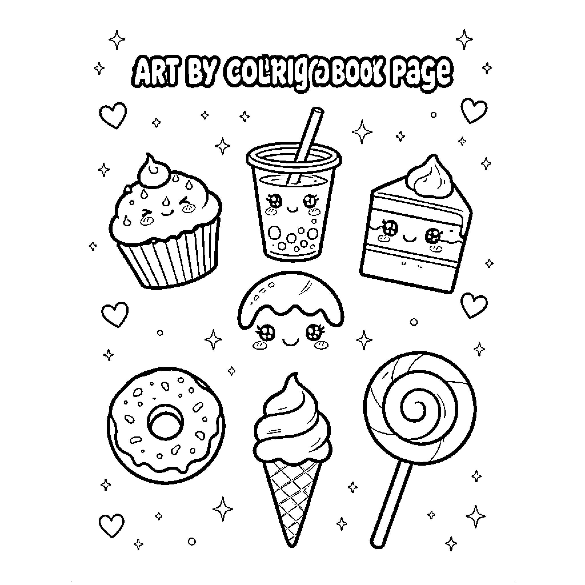 Dessert icons with cute expressions and designs Coloring Page (free black-and-white line drawing printable PDF for all, from beginners to advanced learners, including children, teens, adults, and seniors)
