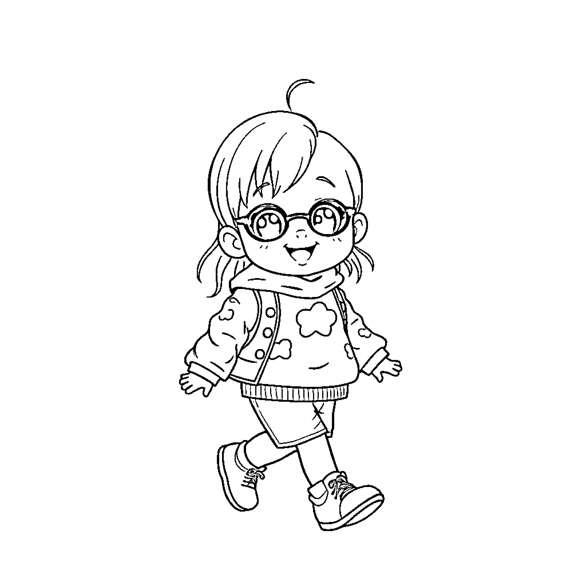 Rumi's Cheerful Stroll in Whimsical Attire Coloring Page (free black-and-white line drawing printable PDF for all, from beginners to advanced learners, including children, teens, adults, and seniors)