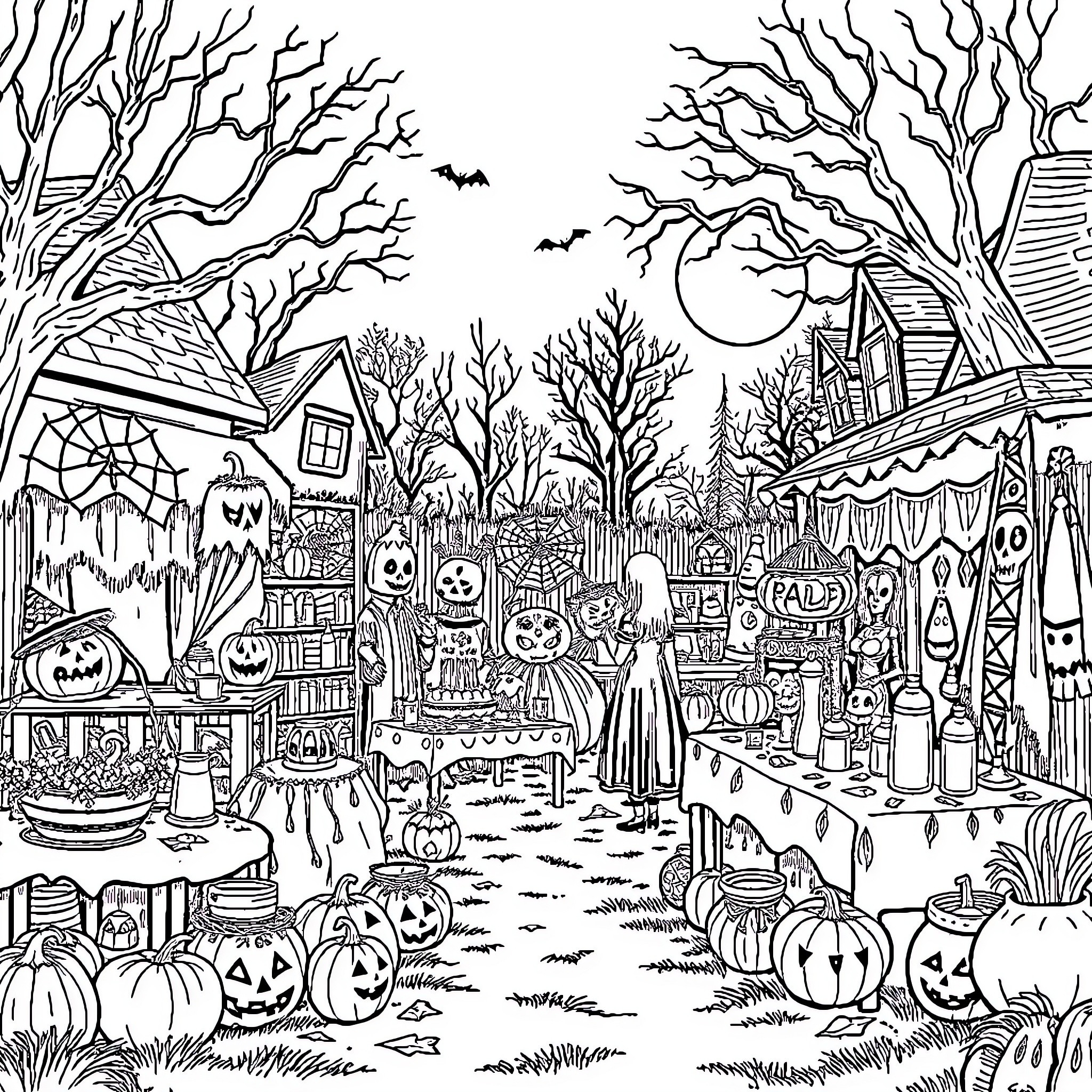 Halloween scene with haunted houses, jack-o'-lanterns, and spooky decorations Coloring Page (free black-and-white line drawing printable PDF for all, from beginners to advanced learners, including children, teens, adults, and seniors)