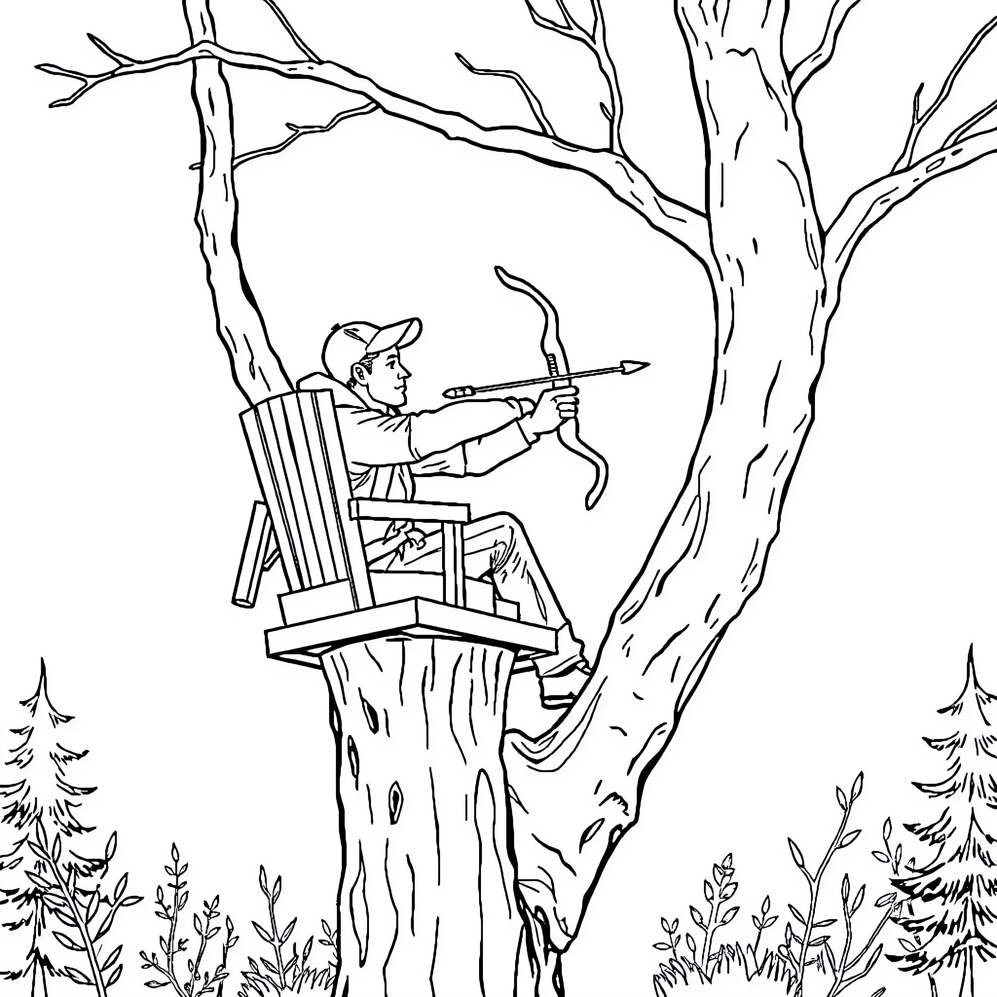 Man aiming bow and arrow from tree perch Coloring Page (free black-and-white line drawing printable PDF for all, from beginners to advanced learners, including children, teens, adults, and seniors)