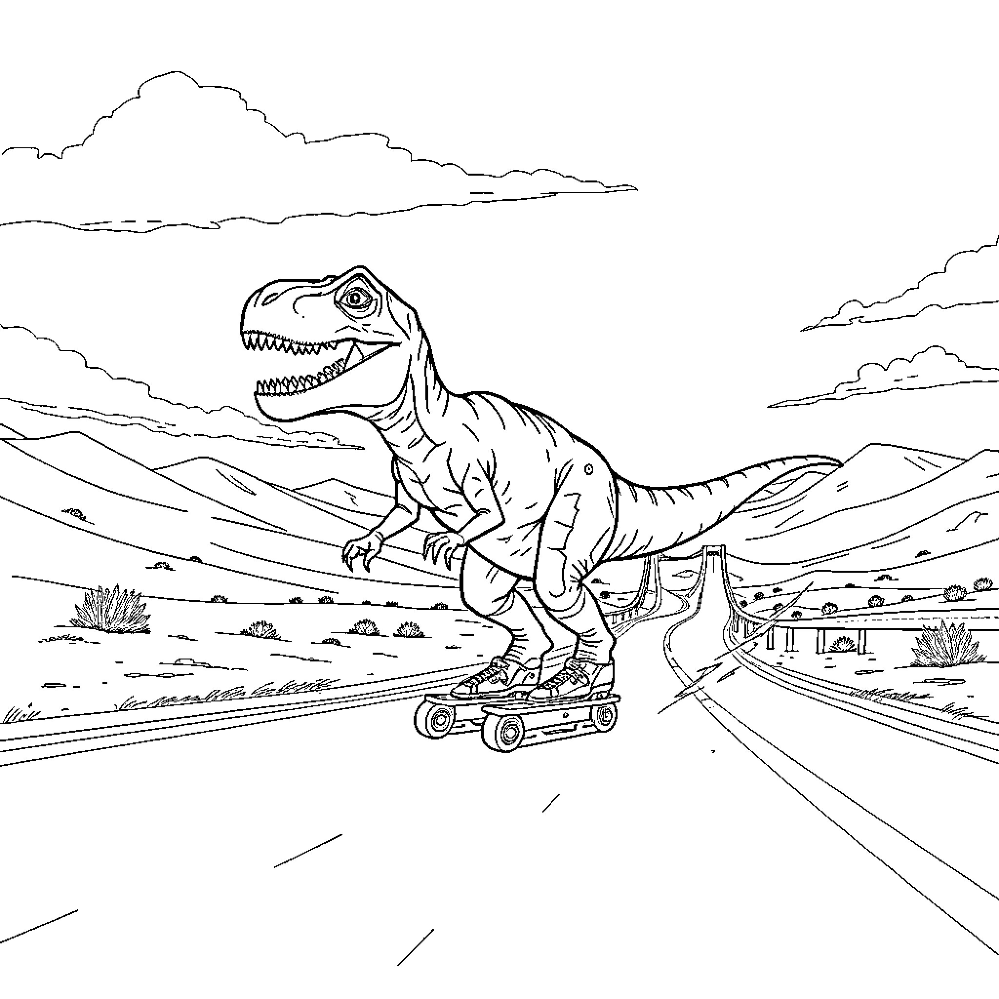 T-Rex skateboarding through the prehistoric landscape Coloring Page (free black-and-white line drawing printable PDF for all, from beginners to advanced learners, including children, teens, adults, and seniors)
