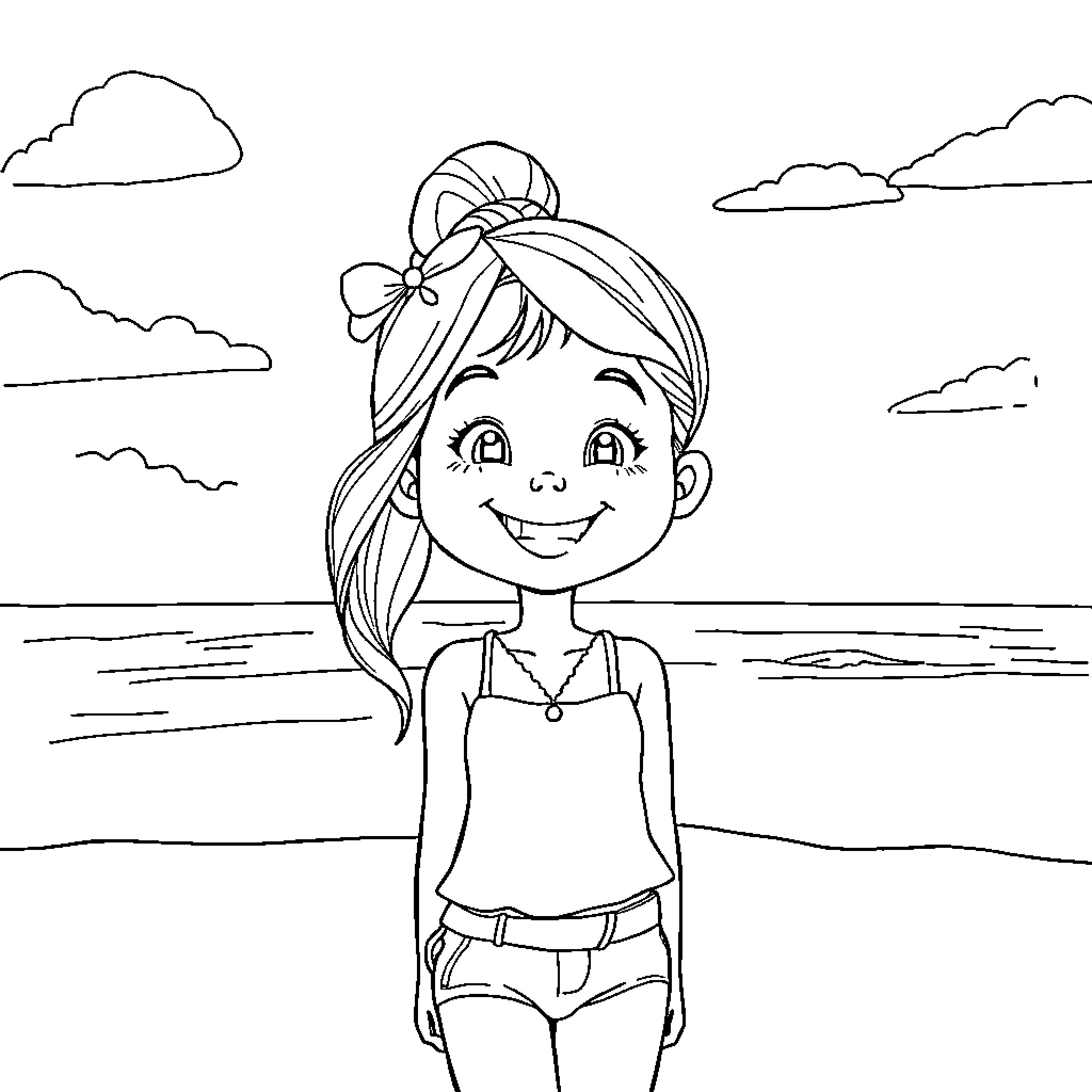 Stayc enjoying a sunny day at the beach Coloring Page (free black-and-white line drawing printable PDF for all, from beginners to advanced learners, including children, teens, adults, and seniors)