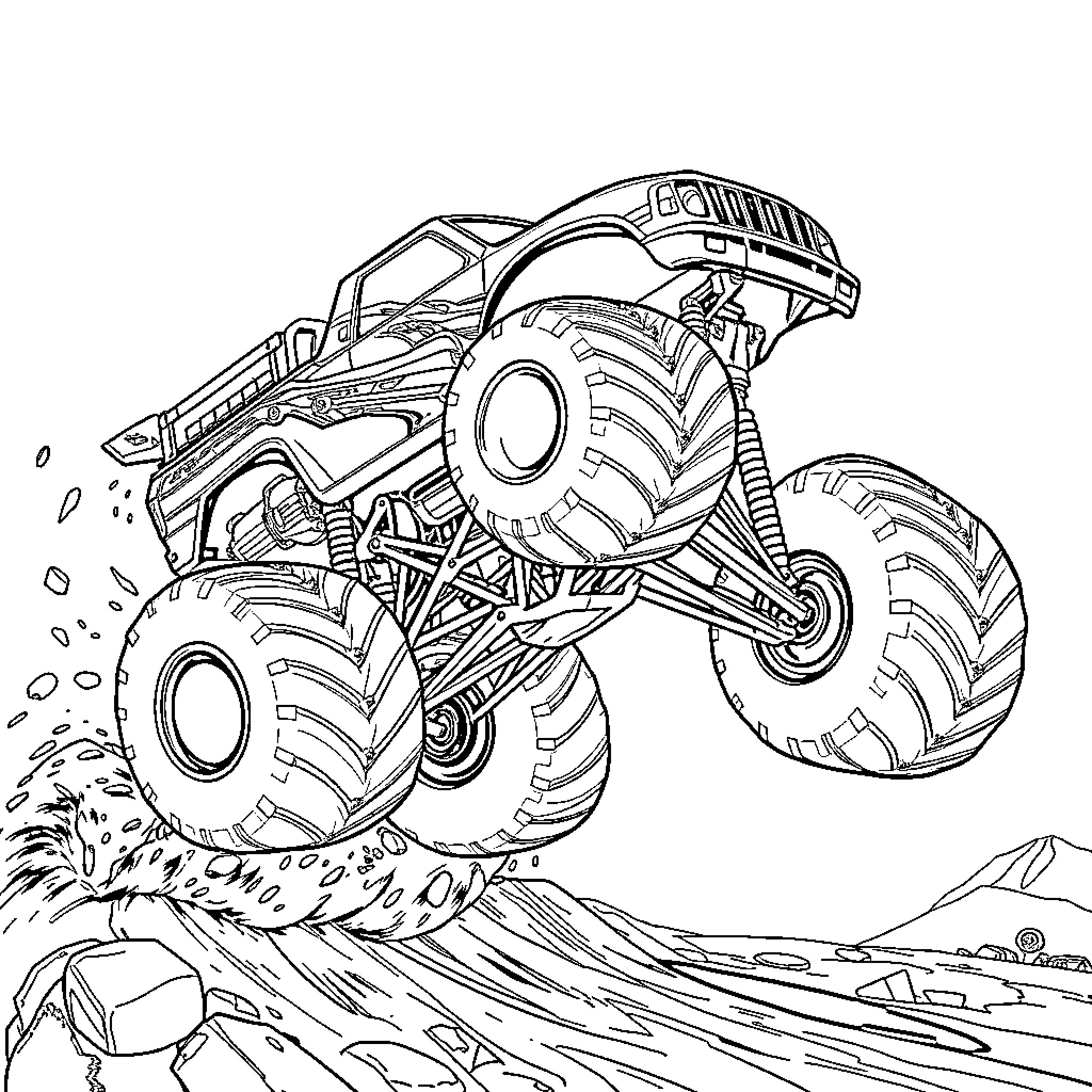 Monster Truck Racing Across Rugged Terrain Coloring Page (free black-and-white line drawing printable PDF for all, from beginners to advanced learners, including children, teens, adults, and seniors)