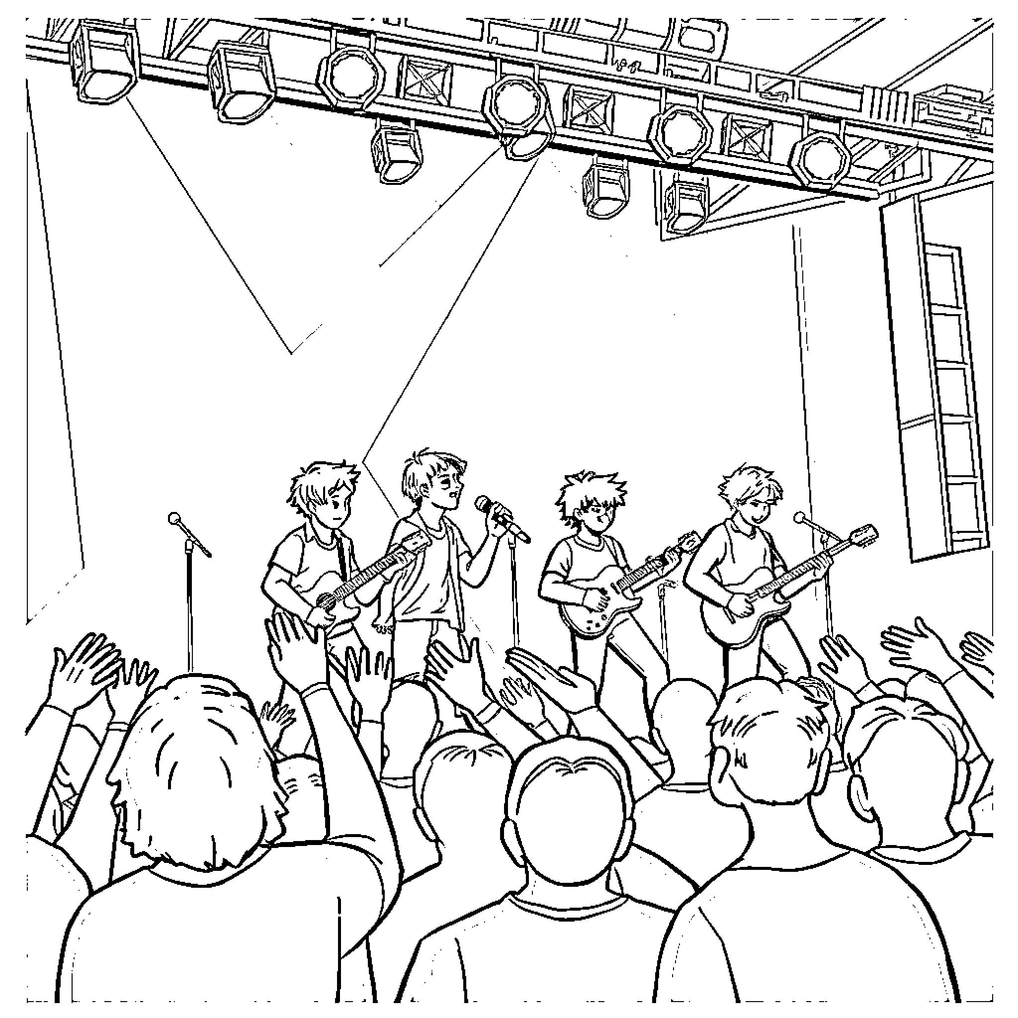 Stray Kids Performing on Stage with Crowd Coloring Page (free black-and-white line drawing printable PDF for all, from beginners to advanced learners, including children, teens, adults, and seniors)