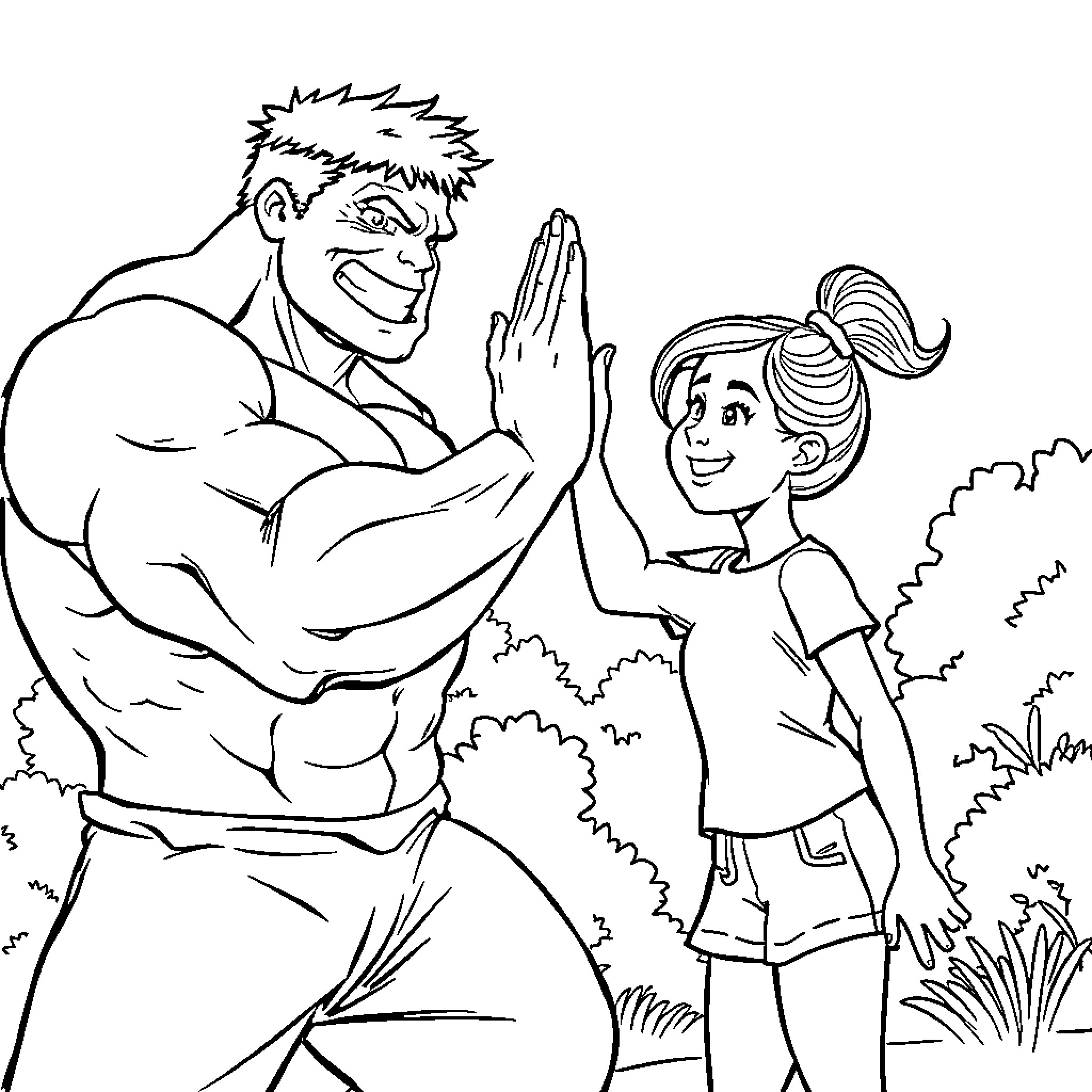 Hulk and boy enjoying outdoor activities together Coloring Page (free black-and-white line drawing printable PDF for all, from beginners to advanced learners, including children, teens, adults, and seniors)