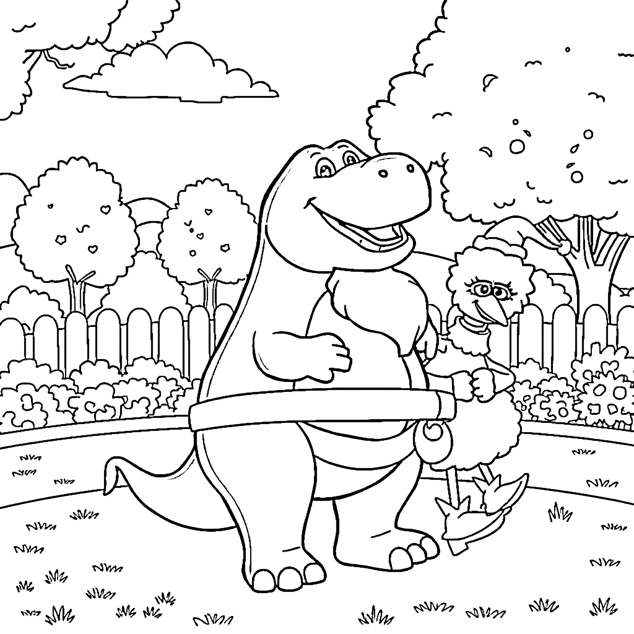 Barney enjoying a cheerful day in the park Coloring Page (free black-and-white line drawing printable PDF for all, from beginners to advanced learners, including children, teens, adults, and seniors)