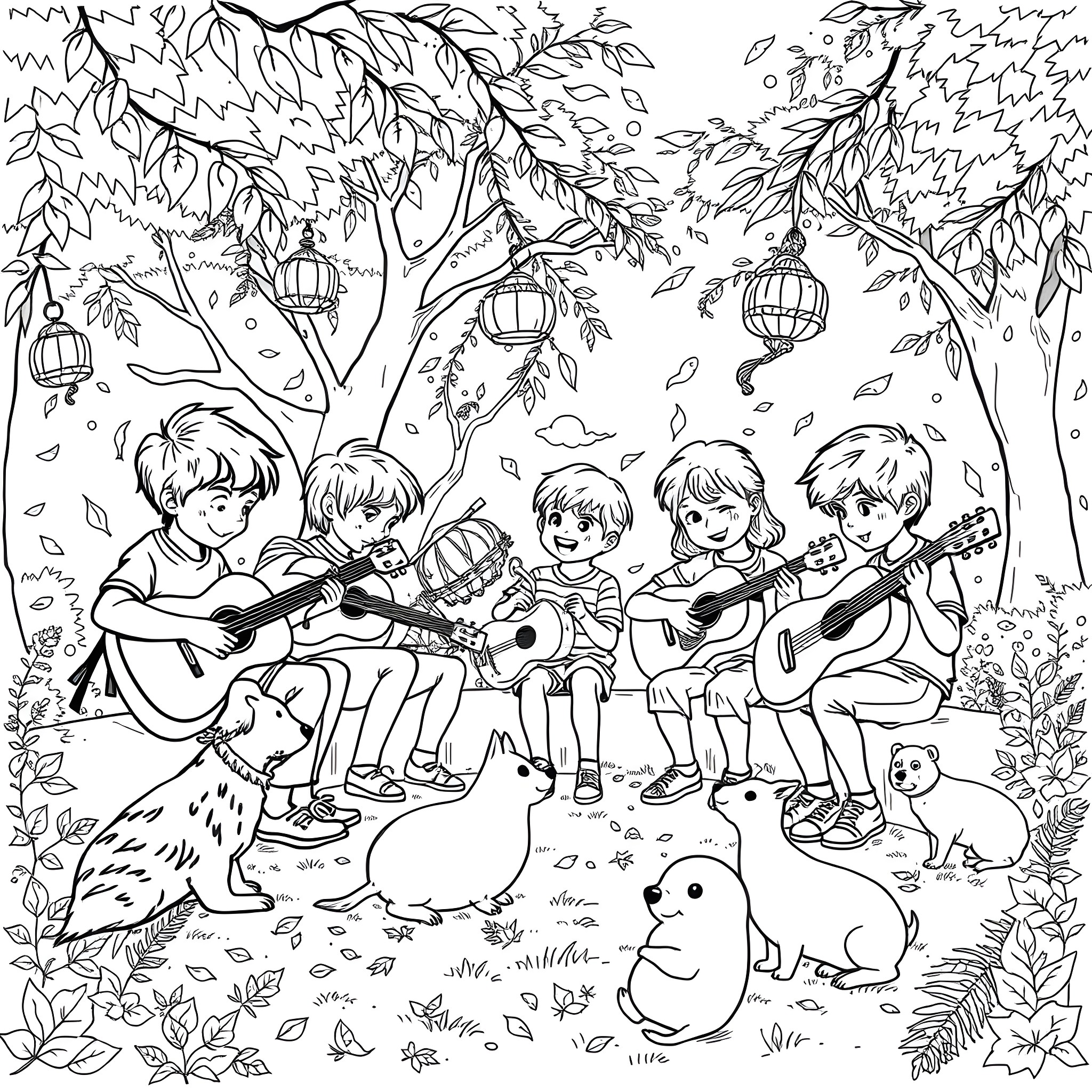 Kids playing music and entertaining pets in the woods Coloring Page (free black-and-white line drawing printable PDF for all, from beginners to advanced learners, including children, teens, adults, and seniors)