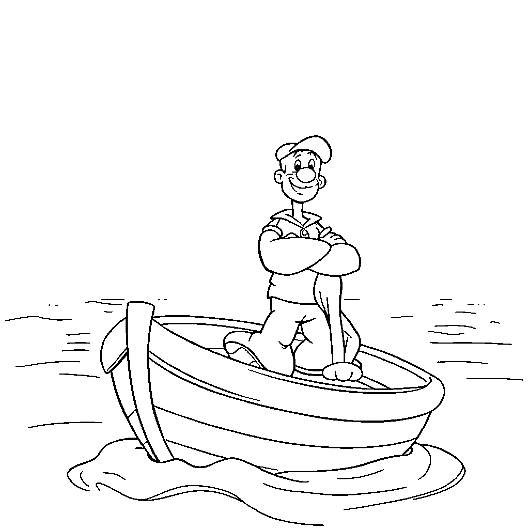Popeye sailing a boat on the waves Coloring Page (free black-and-white line drawing printable PDF for all, from beginners to advanced learners, including children, teens, adults, and seniors)