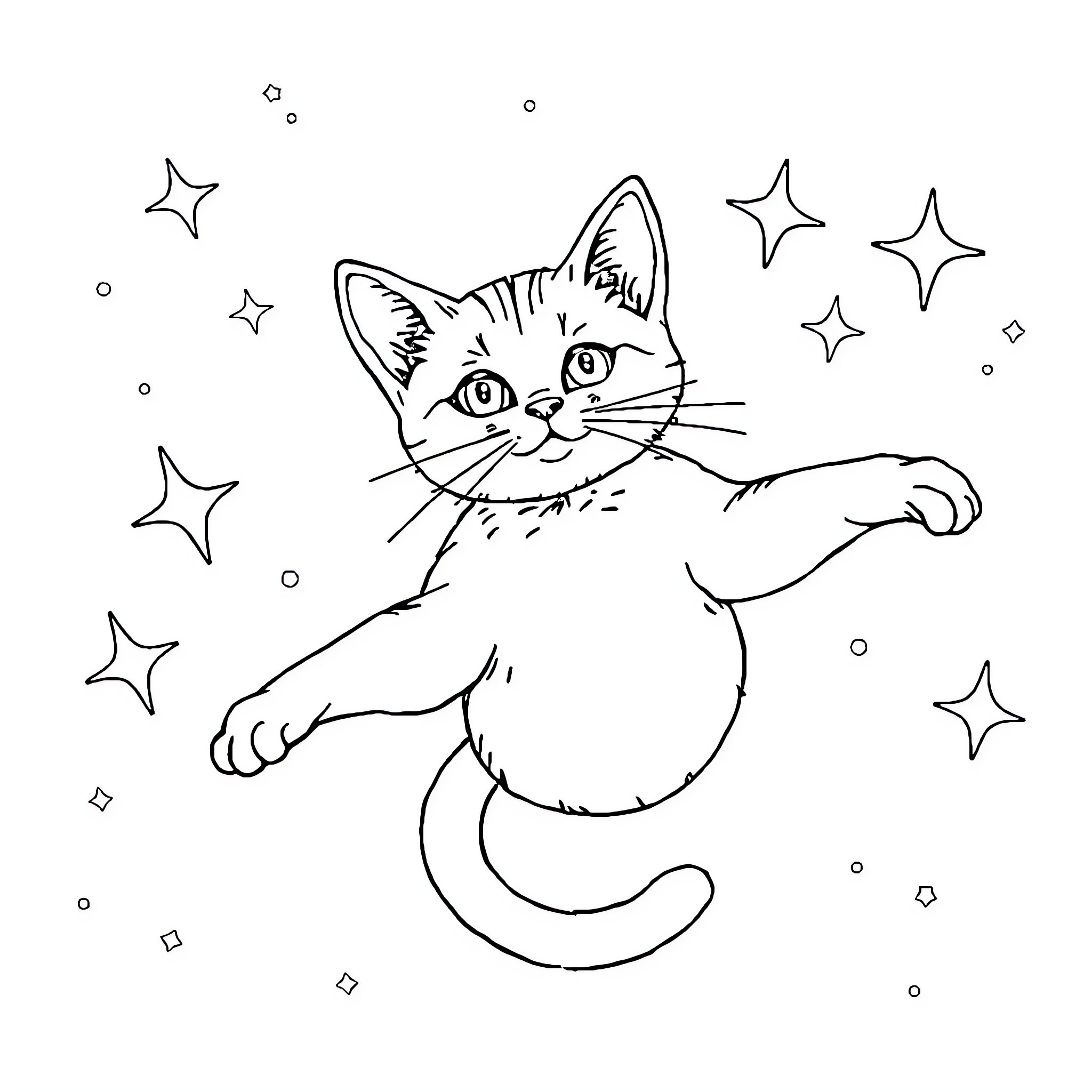 Cat surrounded by twinkling stars Coloring Page (free black-and-white line drawing printable PDF for all, from beginners to advanced learners, including children, teens, adults, and seniors)