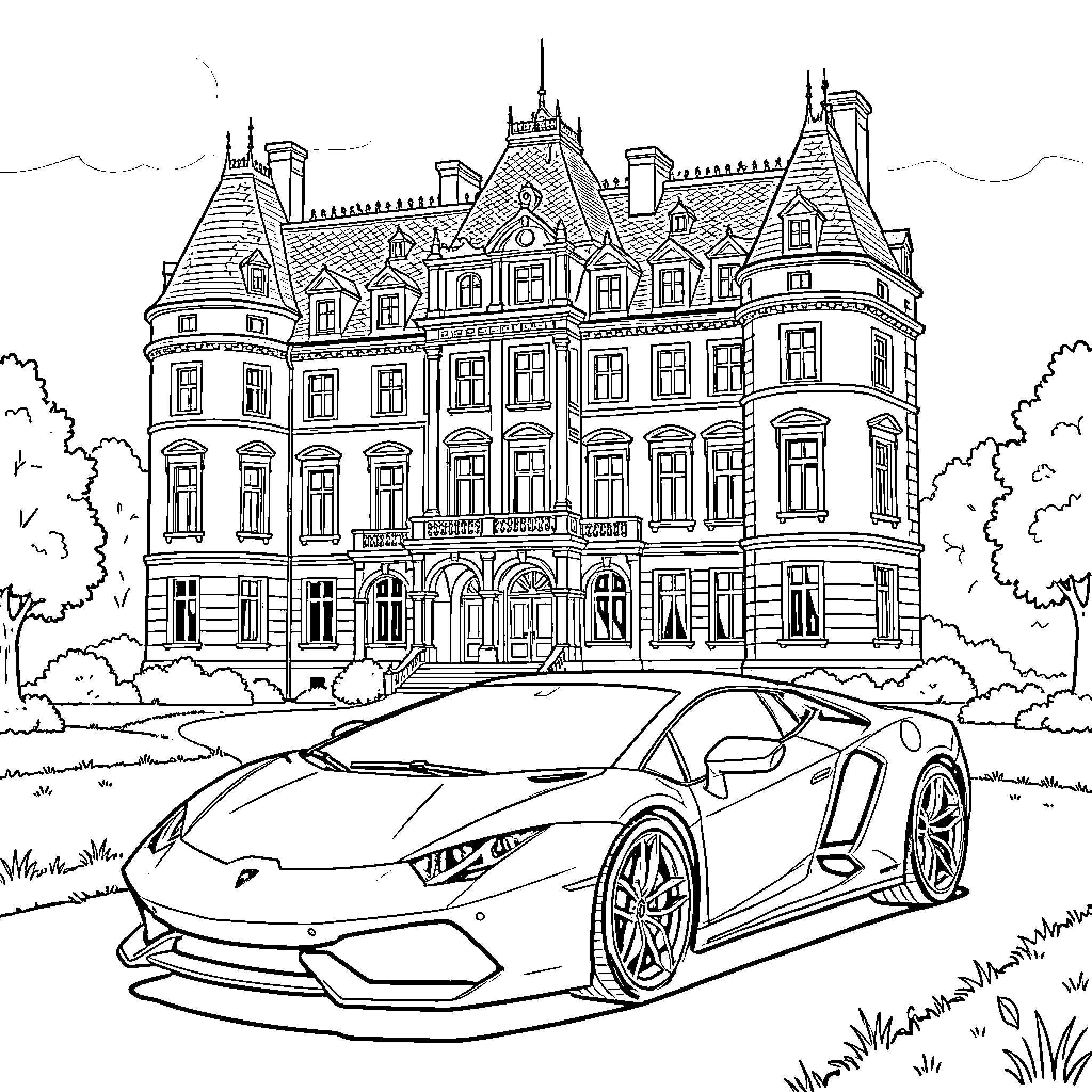 Lamborghini parked in front of a grand castle Coloring Page (free black-and-white line drawing printable PDF for all, from beginners to advanced learners, including children, teens, adults, and seniors)