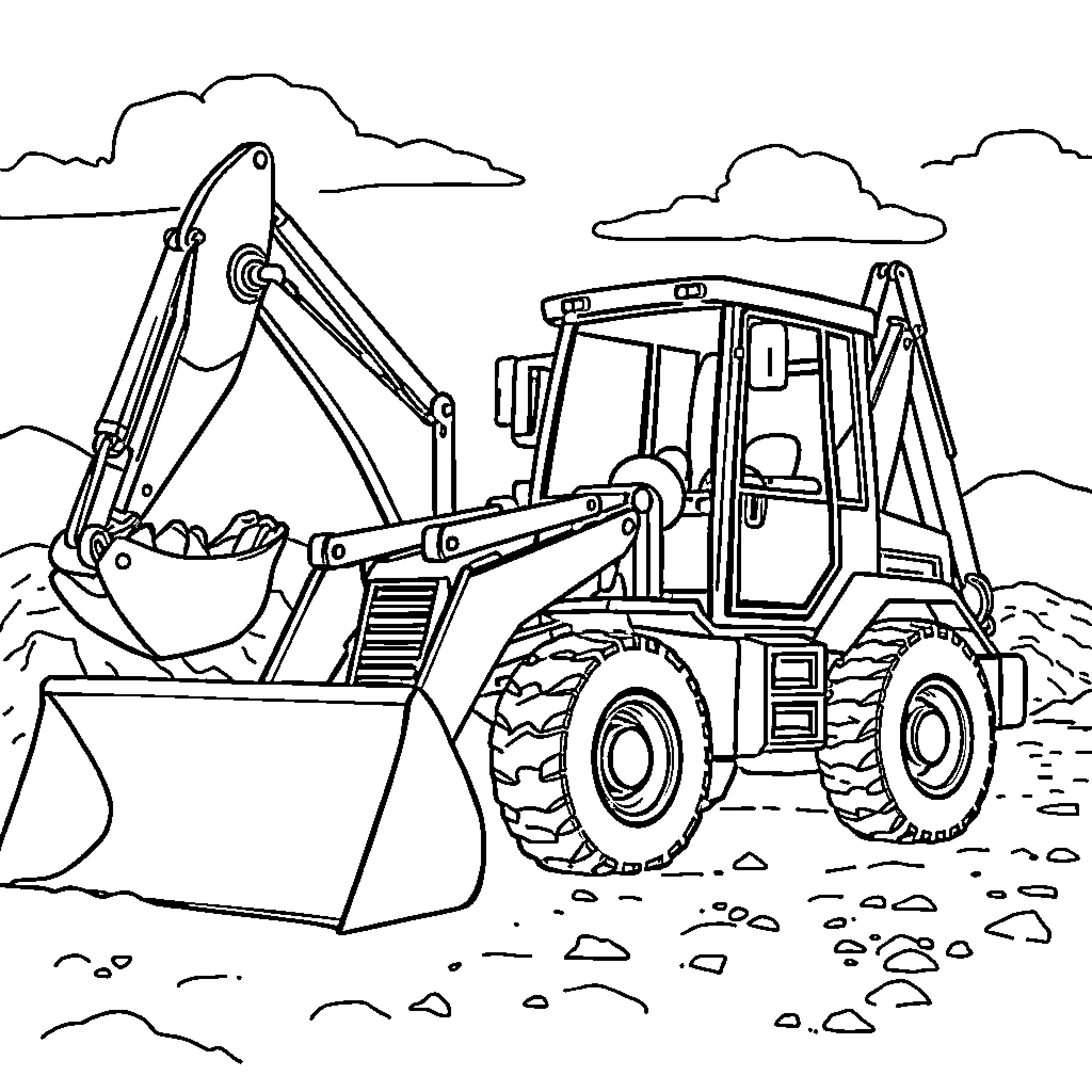 Tractor excavating construction site Coloring Page (free black-and-white line drawing printable PDF for all, from beginners to advanced learners, including children, teens, adults, and seniors)
