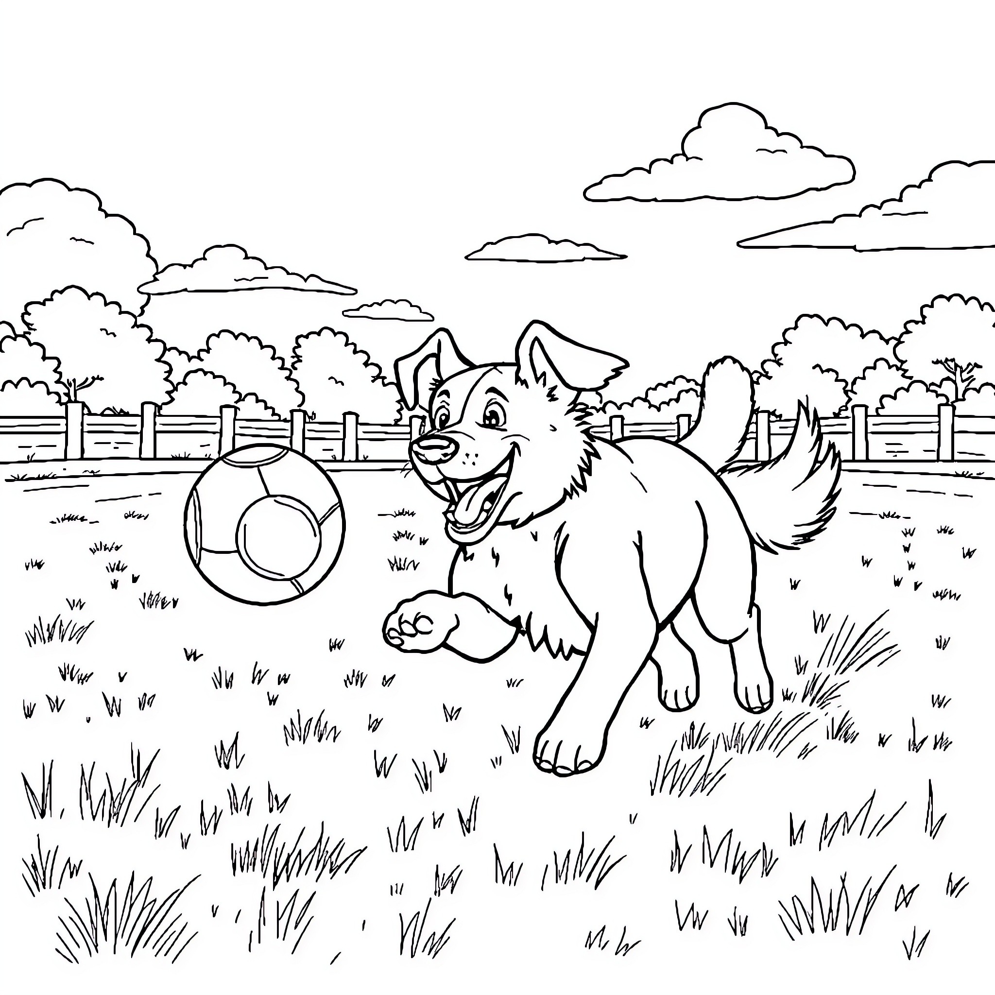 Dog playing joyfully with a ball in a scenic park Coloring Page (free black-and-white line drawing printable PDF for all, from beginners to advanced learners, including children, teens, adults, and seniors)