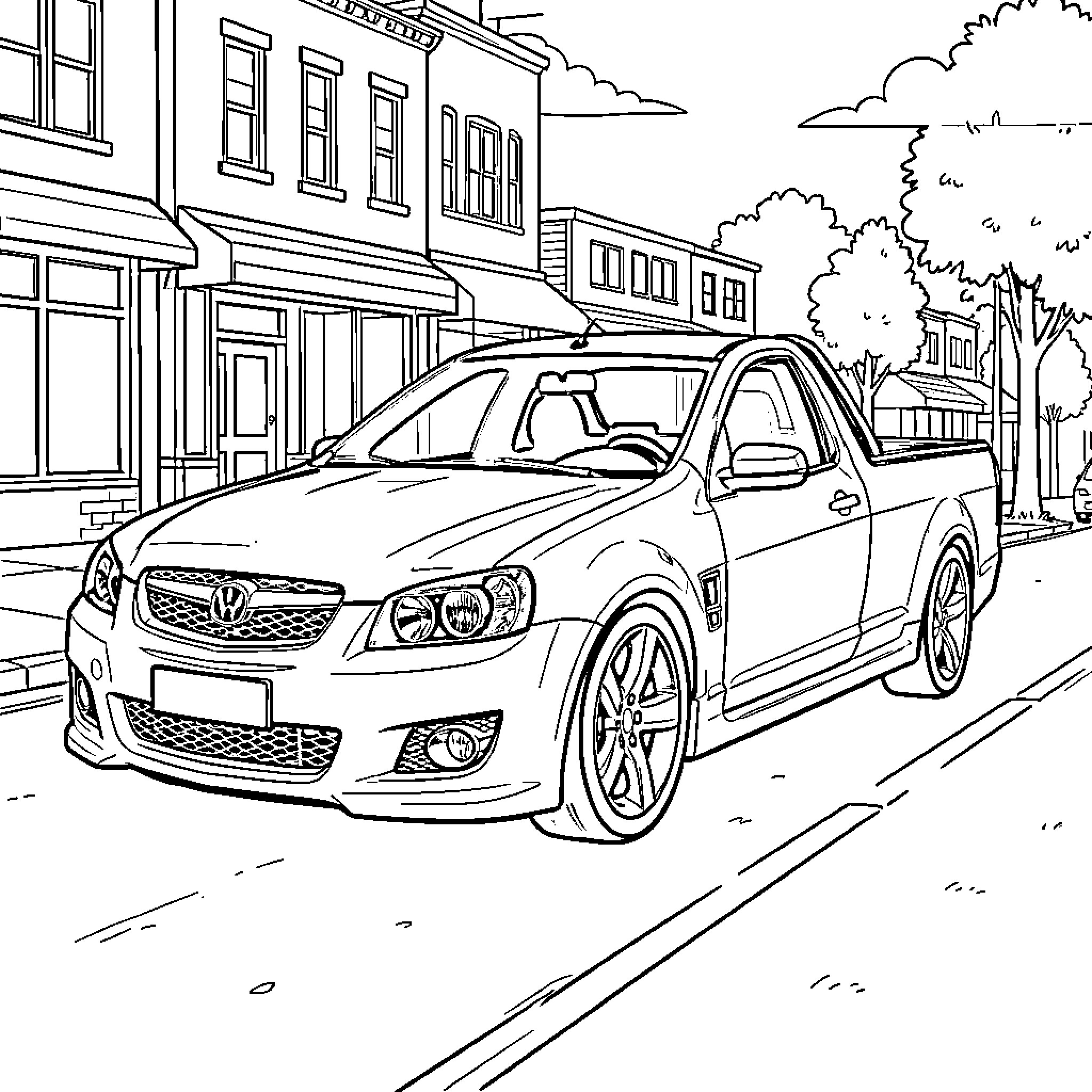 Holden Ute parked on city street Coloring Page (free black-and-white line drawing printable PDF for all, from beginners to advanced learners, including children, teens, adults, and seniors)
