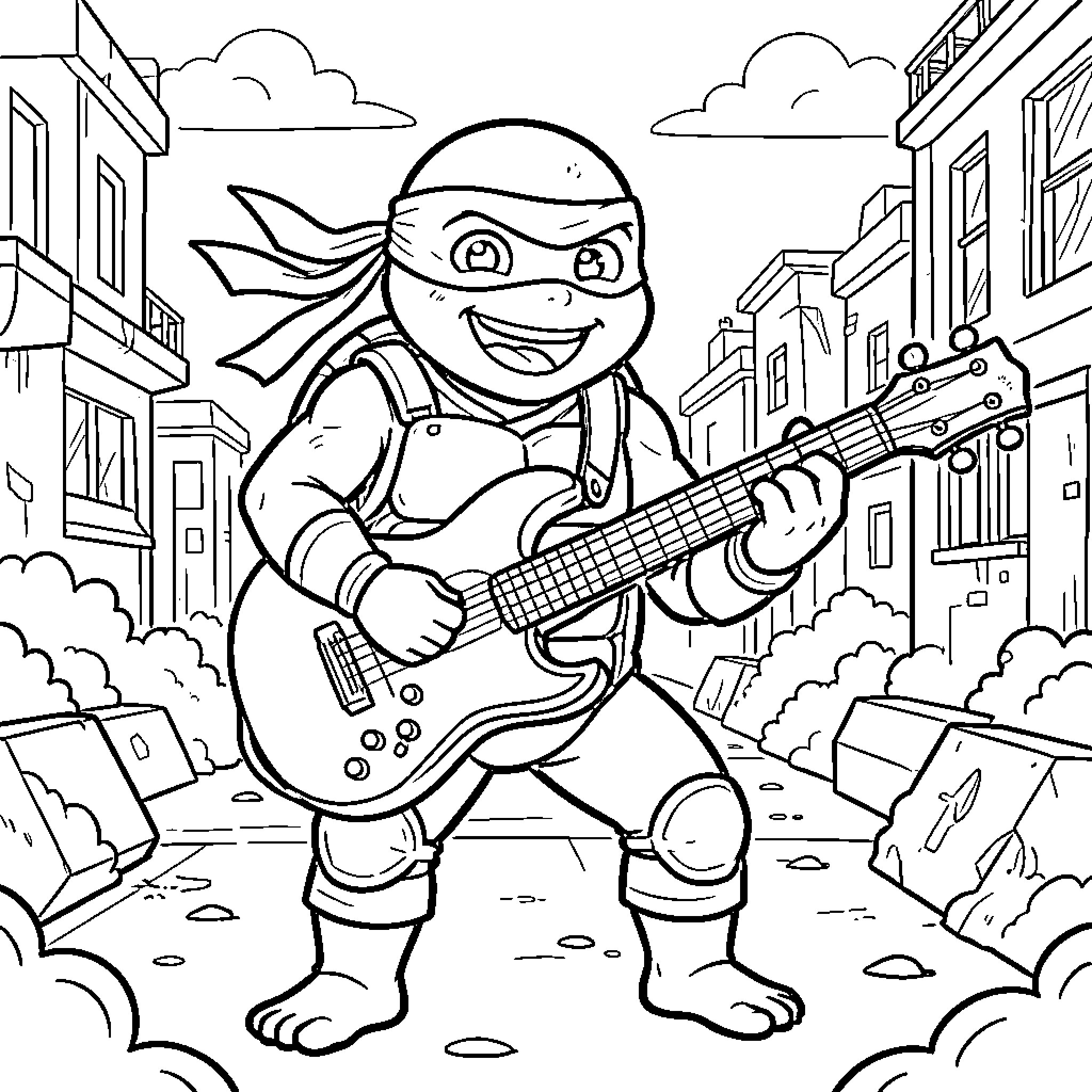 Turtle playing an electric guitar in a city street Coloring Page (free black-and-white line drawing printable PDF for all, from beginners to advanced learners, including children, teens, adults, and seniors)