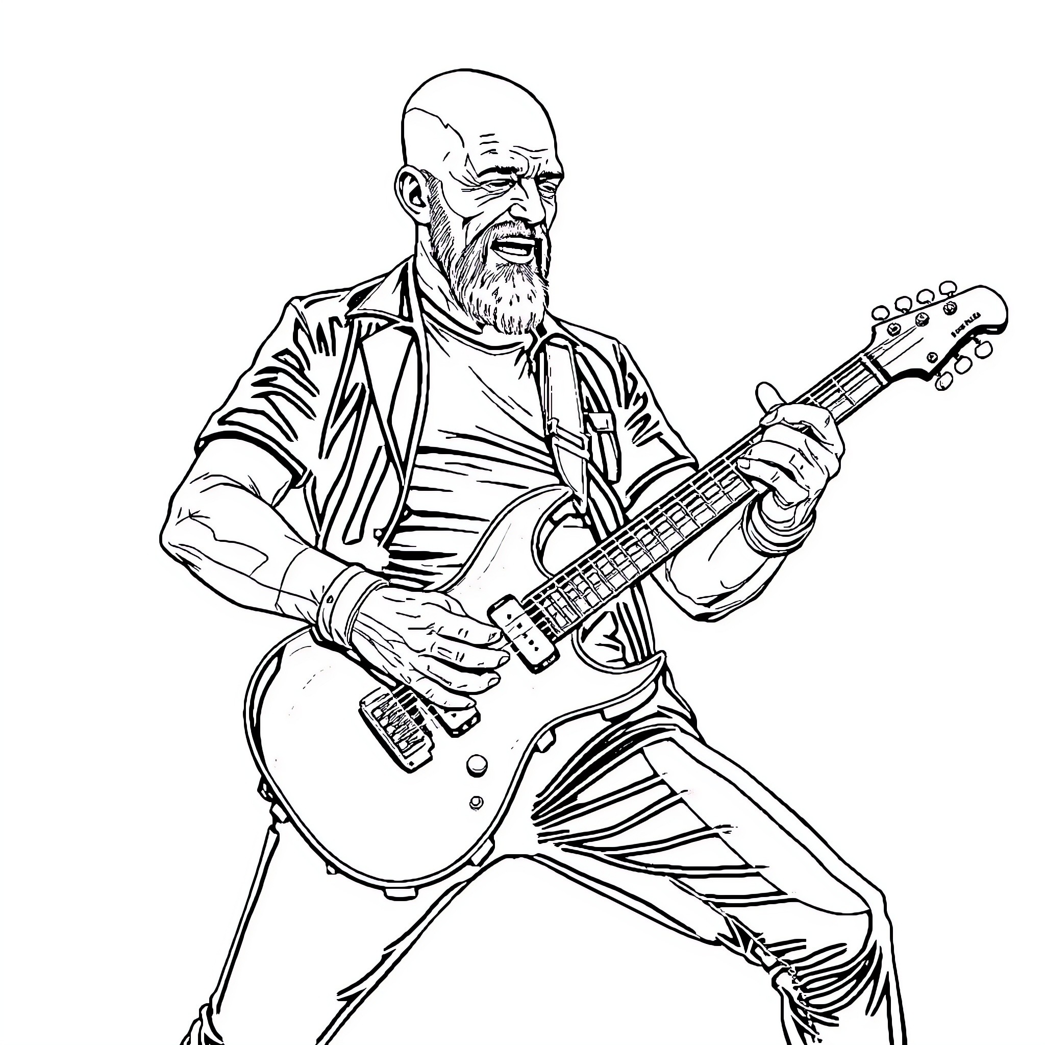 Captain Picard playing electric guitar on stage Coloring Page (free black-and-white line drawing printable PDF for all, from beginners to advanced learners, including children, teens, adults, and seniors)
