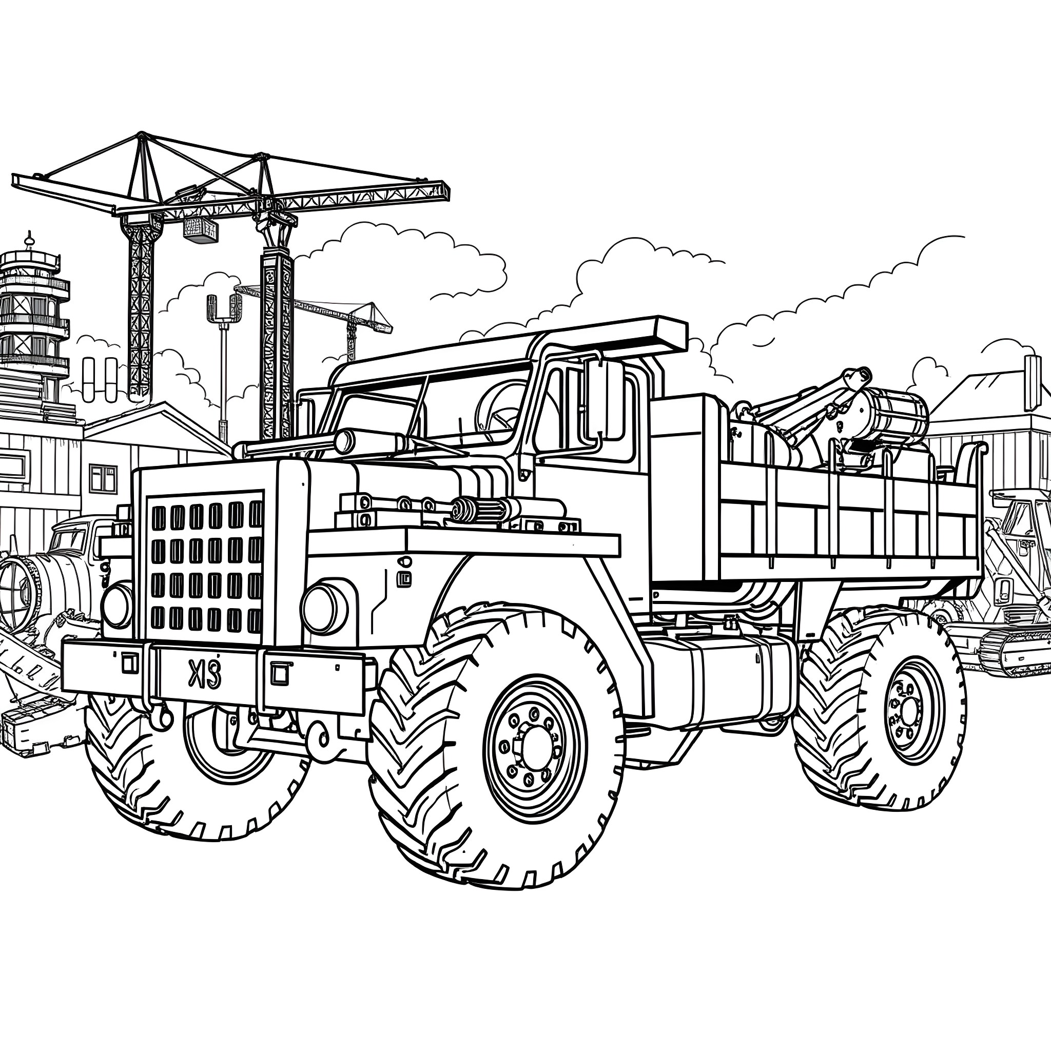 Flatbed Hauler in Construction Site Coloring Page (free black-and-white line drawing printable PDF for all, from beginners to advanced learners, including children, teens, adults, and seniors)