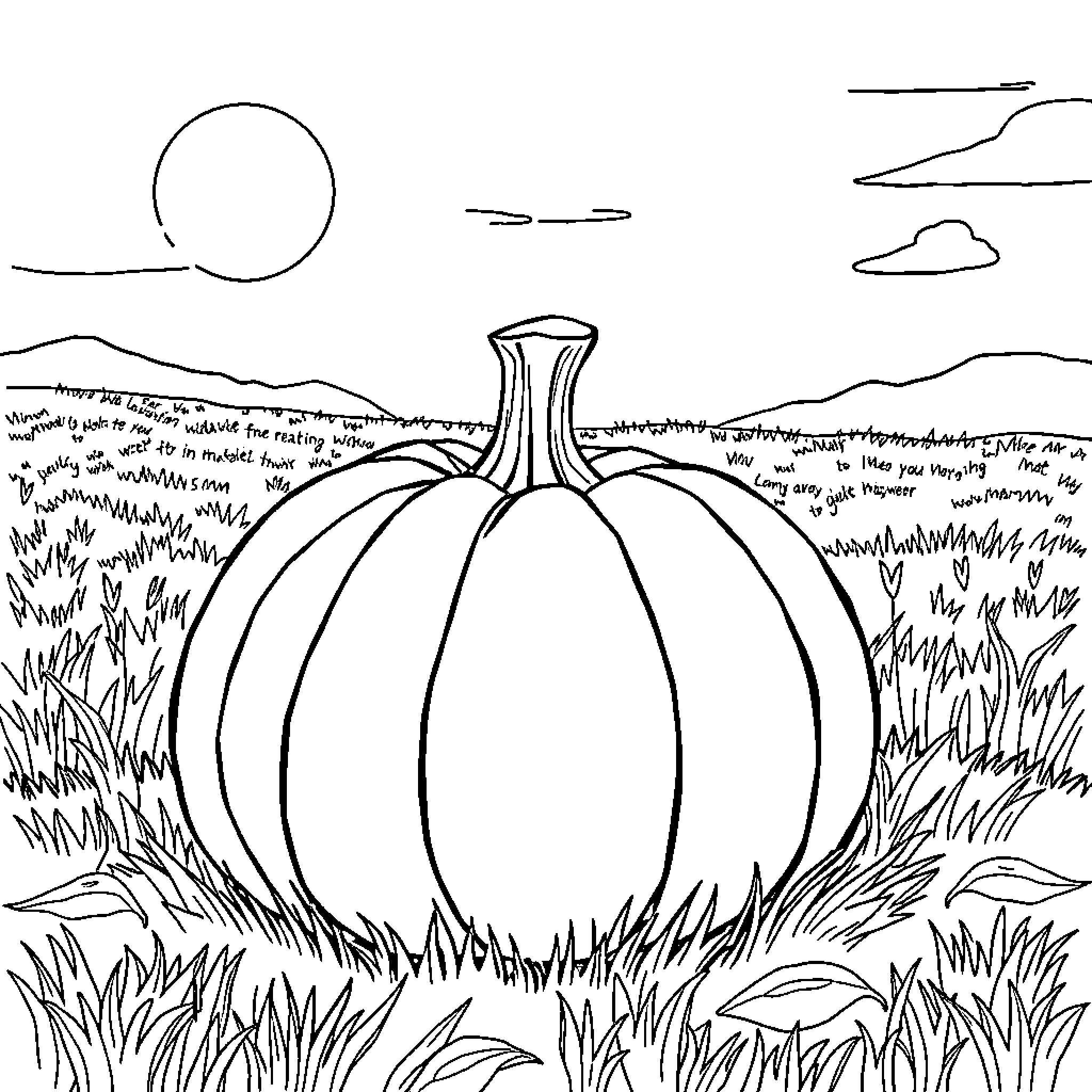 Pumpkin resting in the scenic countryside Coloring Page (free black-and-white line drawing printable PDF for all, from beginners to advanced learners, including children, teens, adults, and seniors)