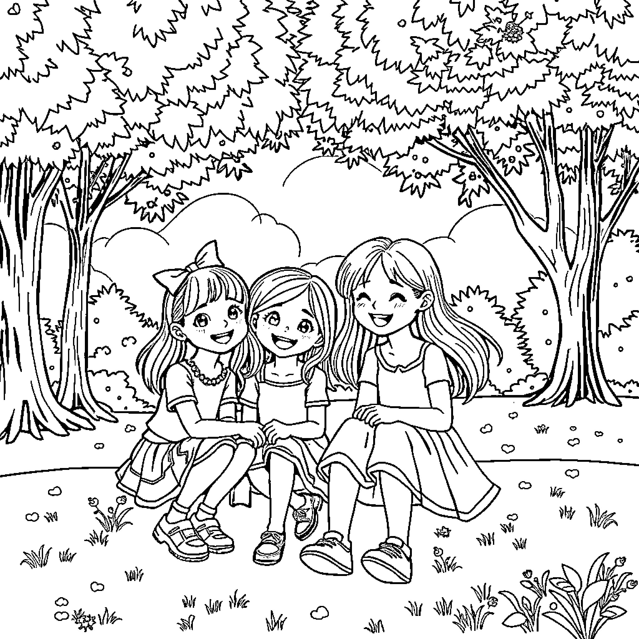 Girls playing happily in the forest Coloring Page (free black-and-white line drawing printable PDF for all, from beginners to advanced learners, including children, teens, adults, and seniors)