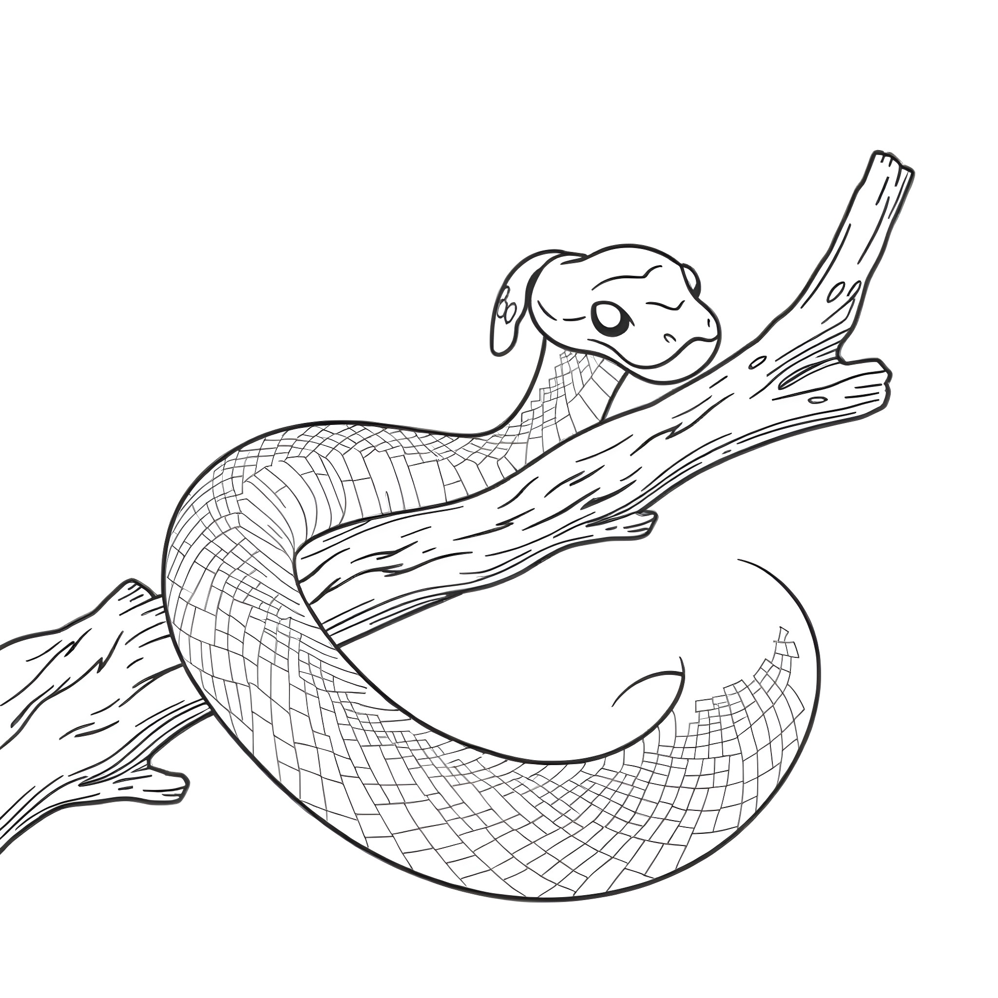 Viper Coiled on Fallen Tree Branch Coloring Page (free black-and-white line drawing printable PDF for all, from beginners to advanced learners, including children, teens, adults, and seniors)