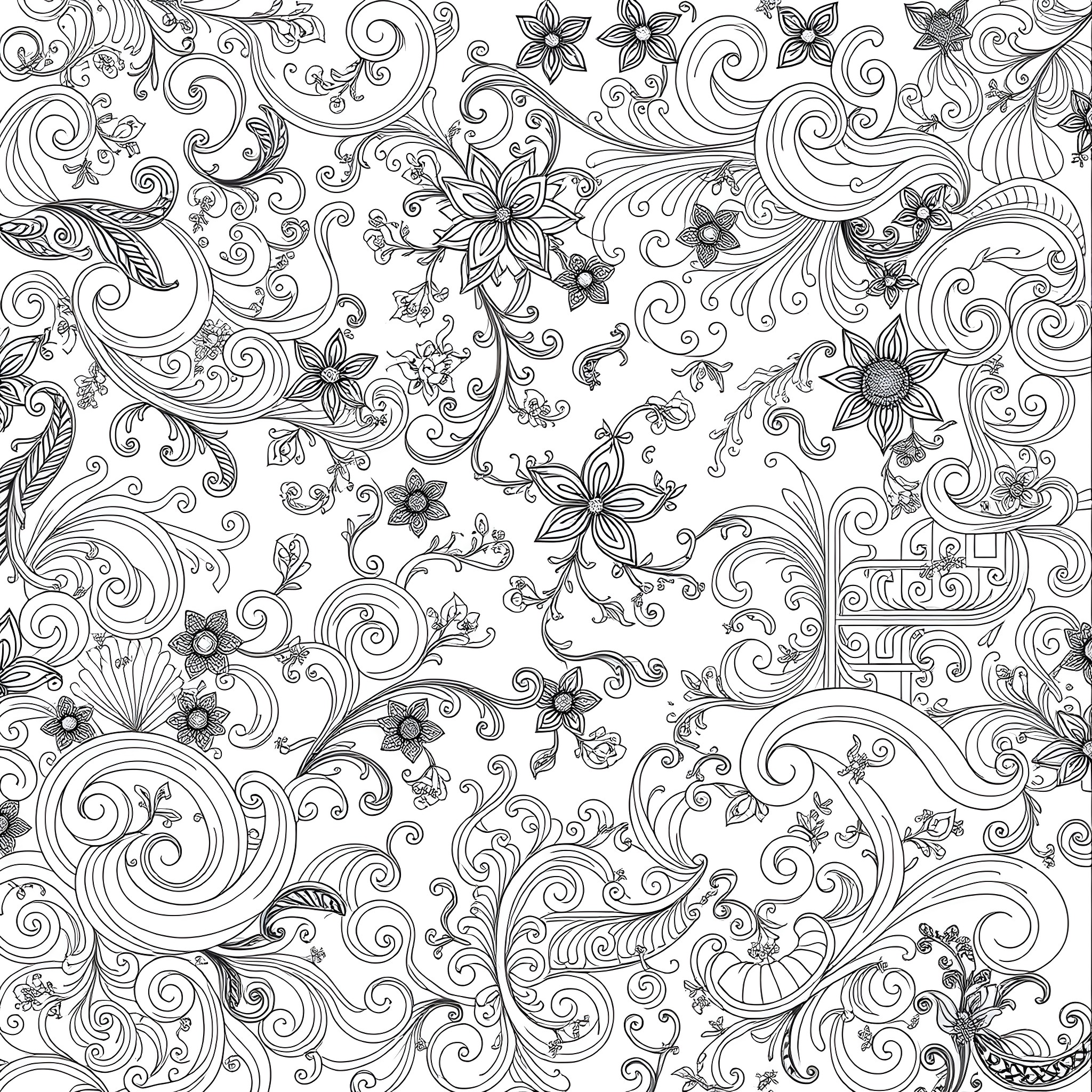 Pattern of Intricate Floral Designs Coloring Page (free black-and-white line drawing printable PDF for all, from beginners to advanced learners, including children, teens, adults, and seniors)