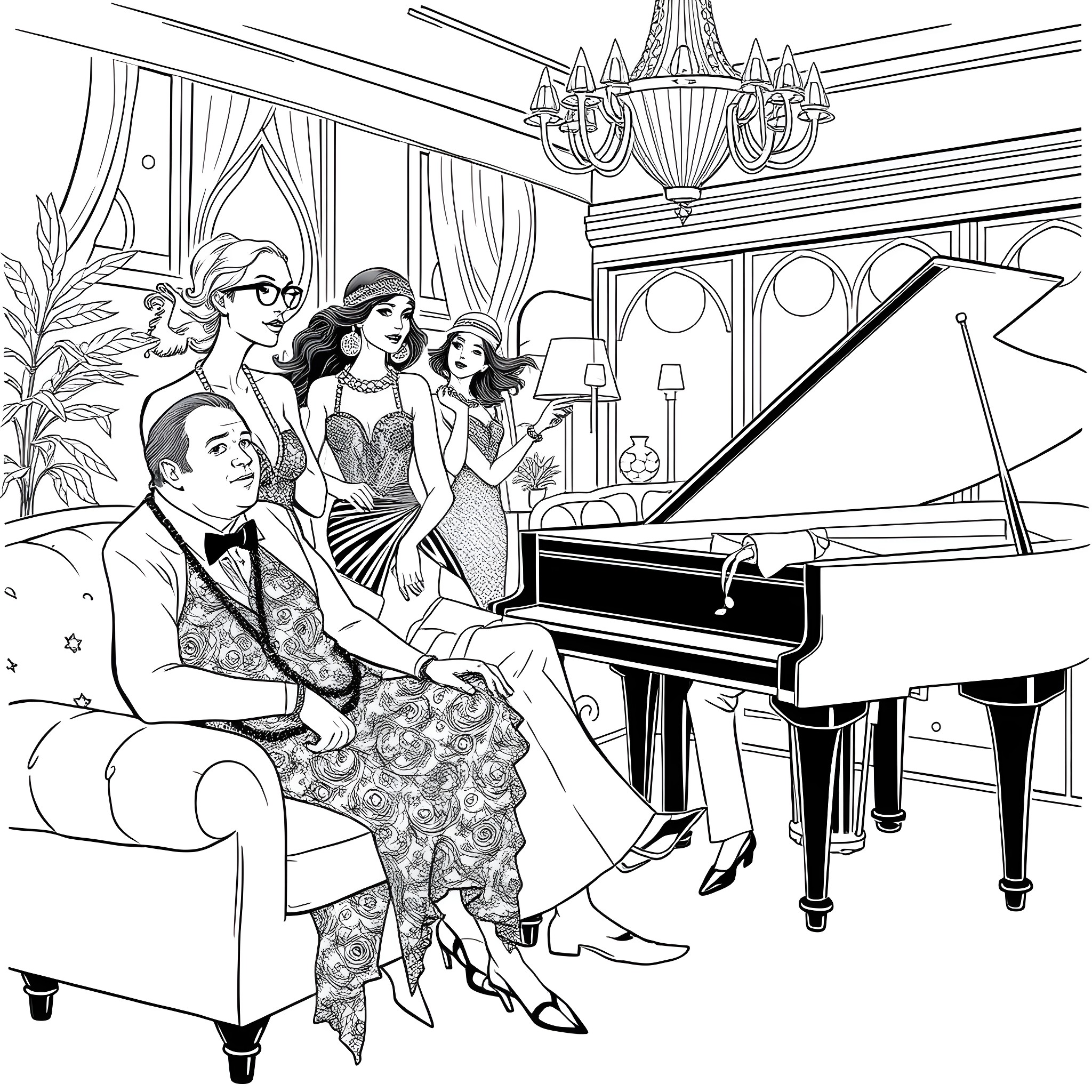 Jazz Age Glamour in an Elegant Parlor Coloring Page (free black-and-white line drawing printable PDF for all, from beginners to advanced learners, including children, teens, adults, and seniors)