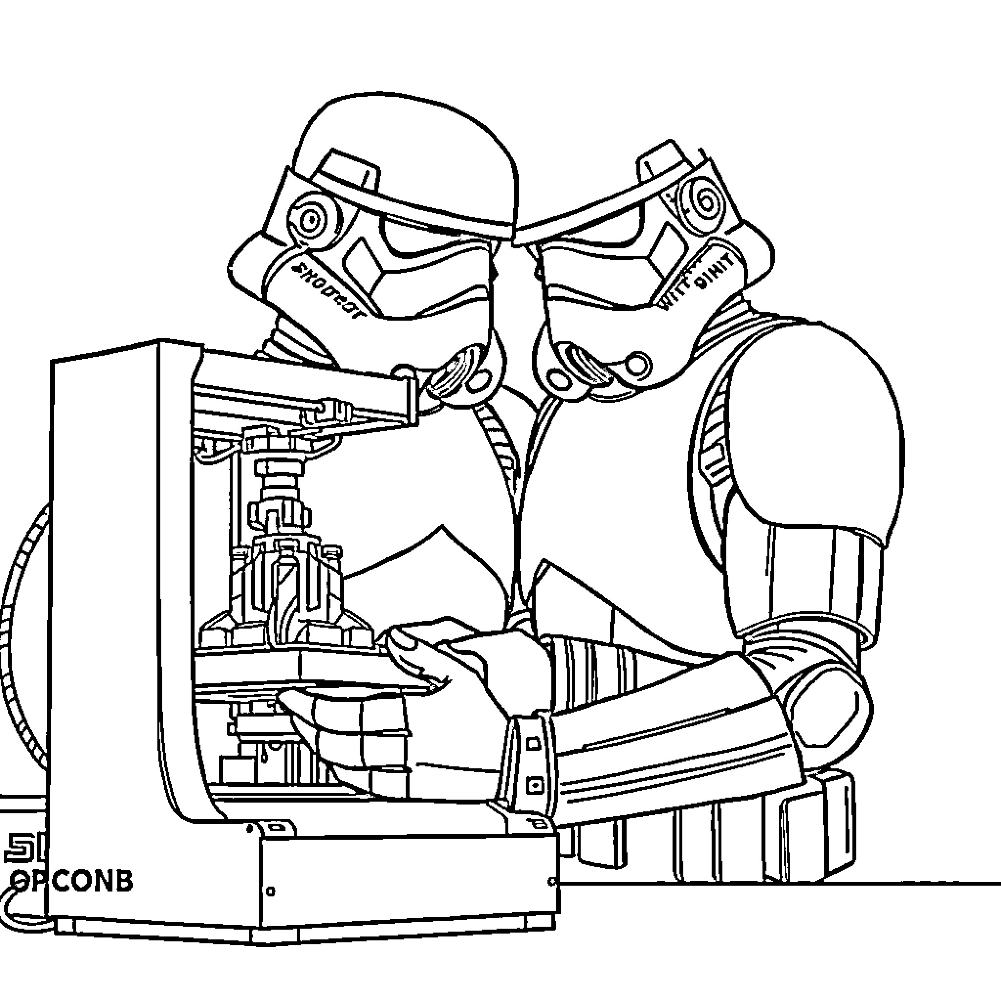 Stormtroopers operating control panel in sci-fi setting Coloring Page (free black-and-white line drawing printable PDF for all, from beginners to advanced learners, including children, teens, adults, and seniors)