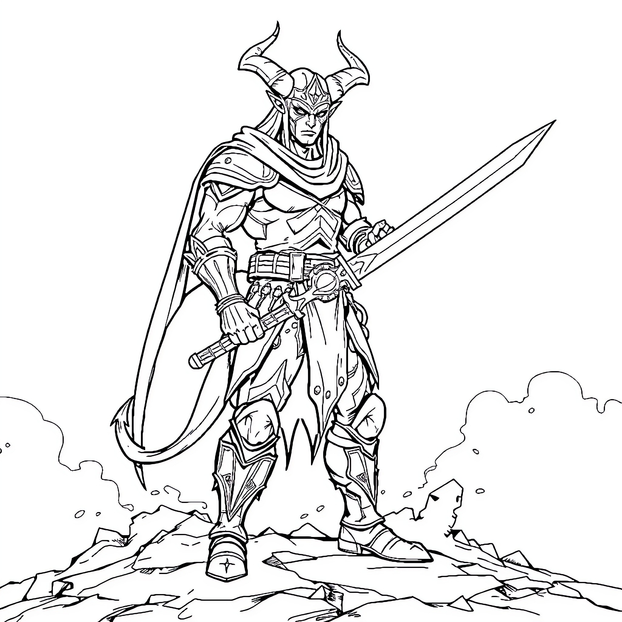 Demon Slayer Warrior Wielding a Mighty Sword Coloring Page (free black-and-white line drawing printable PDF for all, from beginners to advanced learners, including children, teens, adults, and seniors)