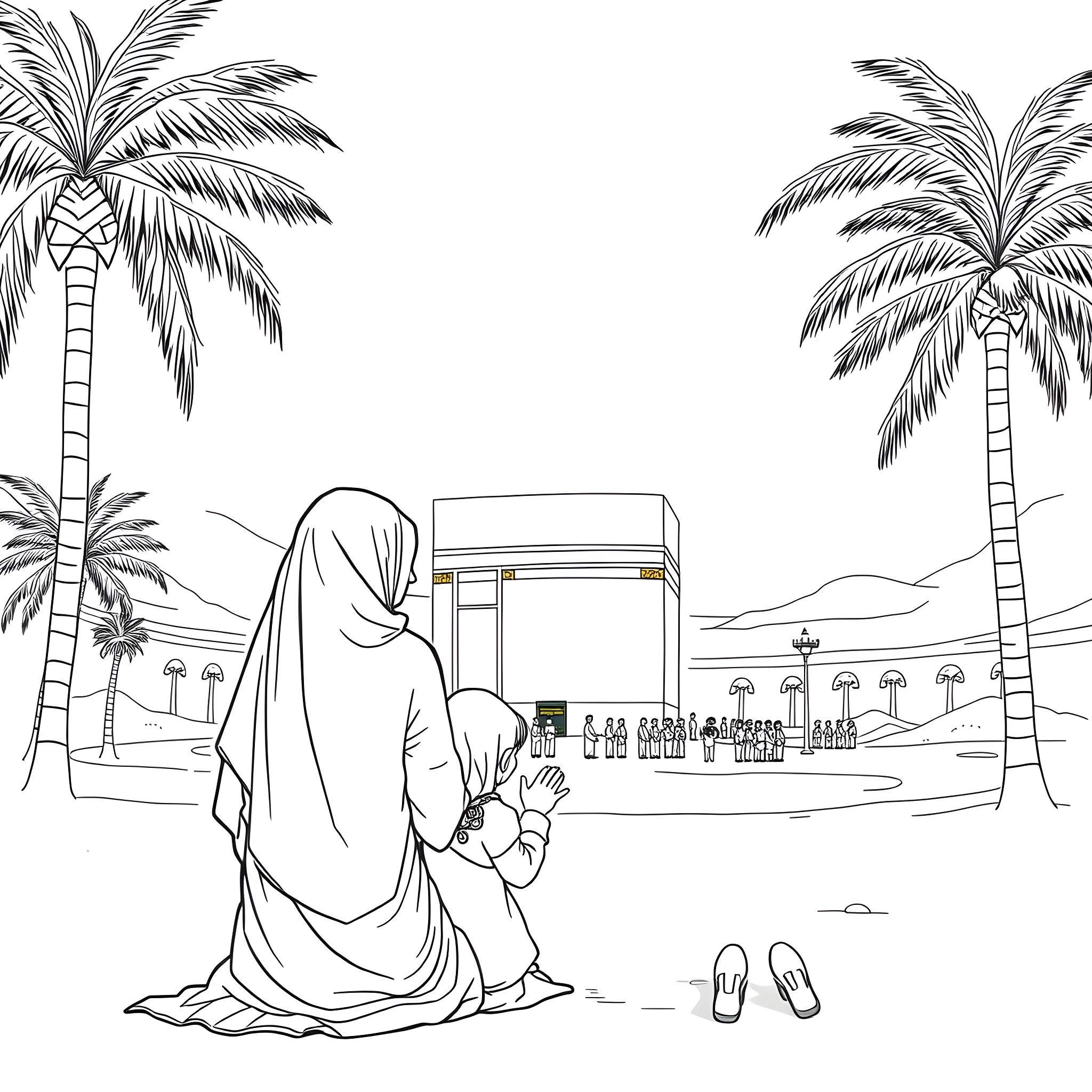 Mother and Girl Praying in Front of Kaaba Coloring Page (free black-and-white line drawing printable PDF for all, from beginners to advanced learners, including children, teens, adults, and seniors)