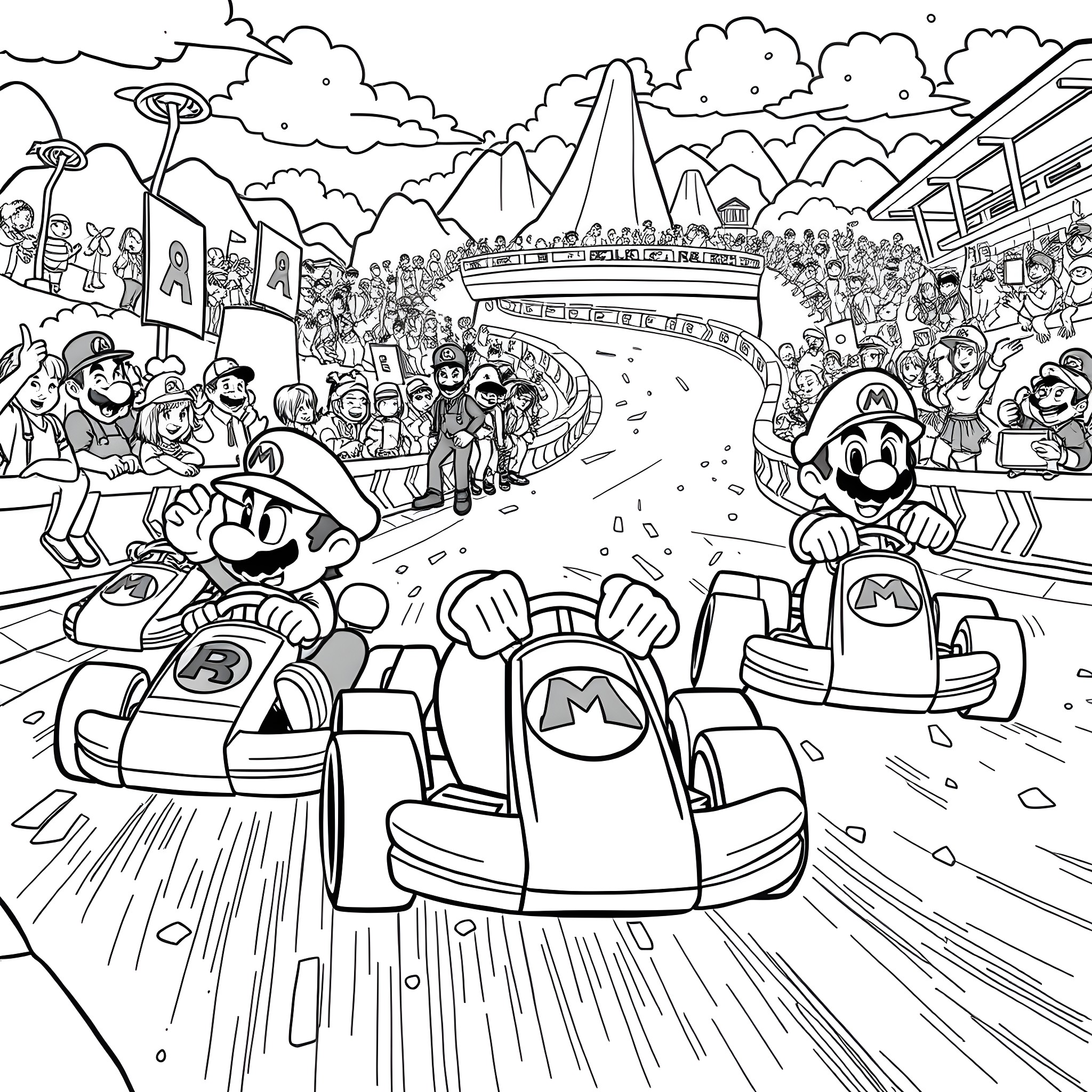 Mario Kart Racing at Crowded Amusement Park Coloring Page (free black-and-white line drawing printable PDF for all, from beginners to advanced learners, including children, teens, adults, and seniors)