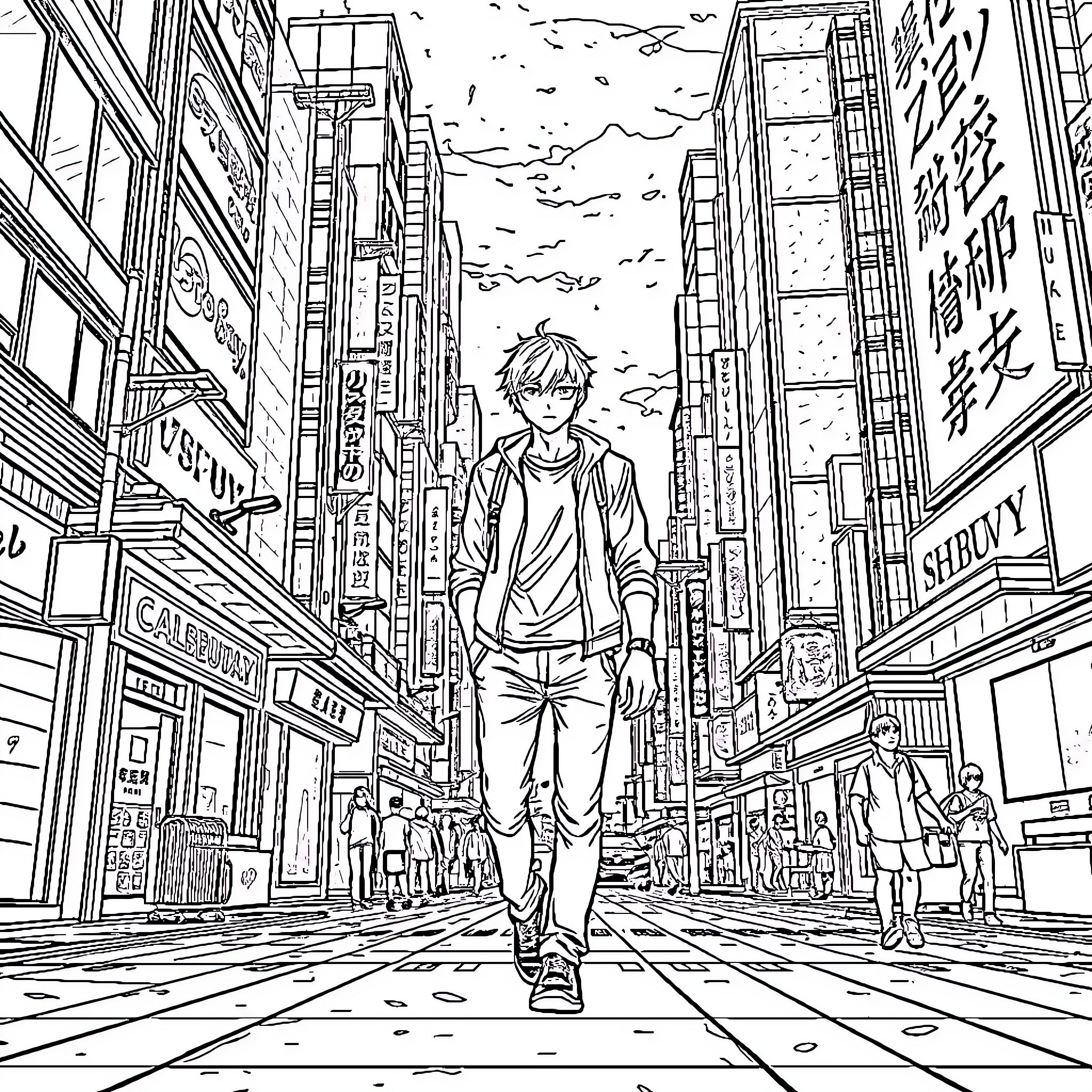 Anime Male Strolling Through Bustling City Streets Coloring Page (free black-and-white line drawing printable PDF for all, from beginners to advanced learners, including children, teens, adults, and seniors)