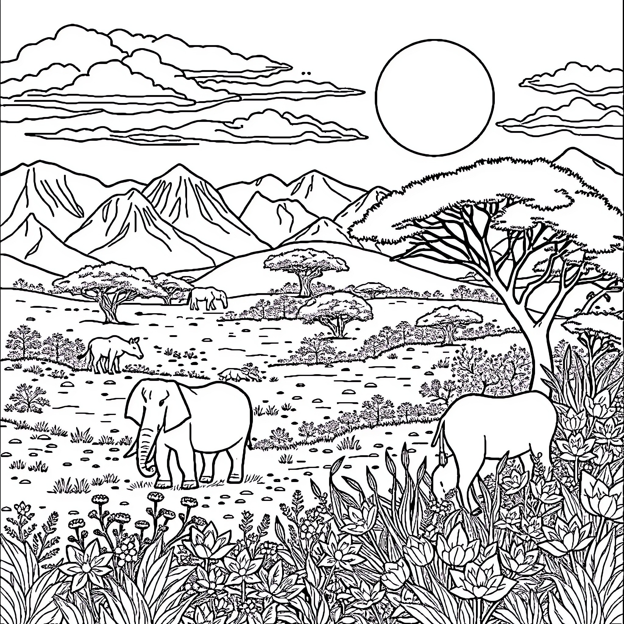 Nature's Serene Wilderness Landscape Coloring Page (free black-and-white line drawing printable PDF for all, from beginners to advanced learners, including children, teens, adults, and seniors)