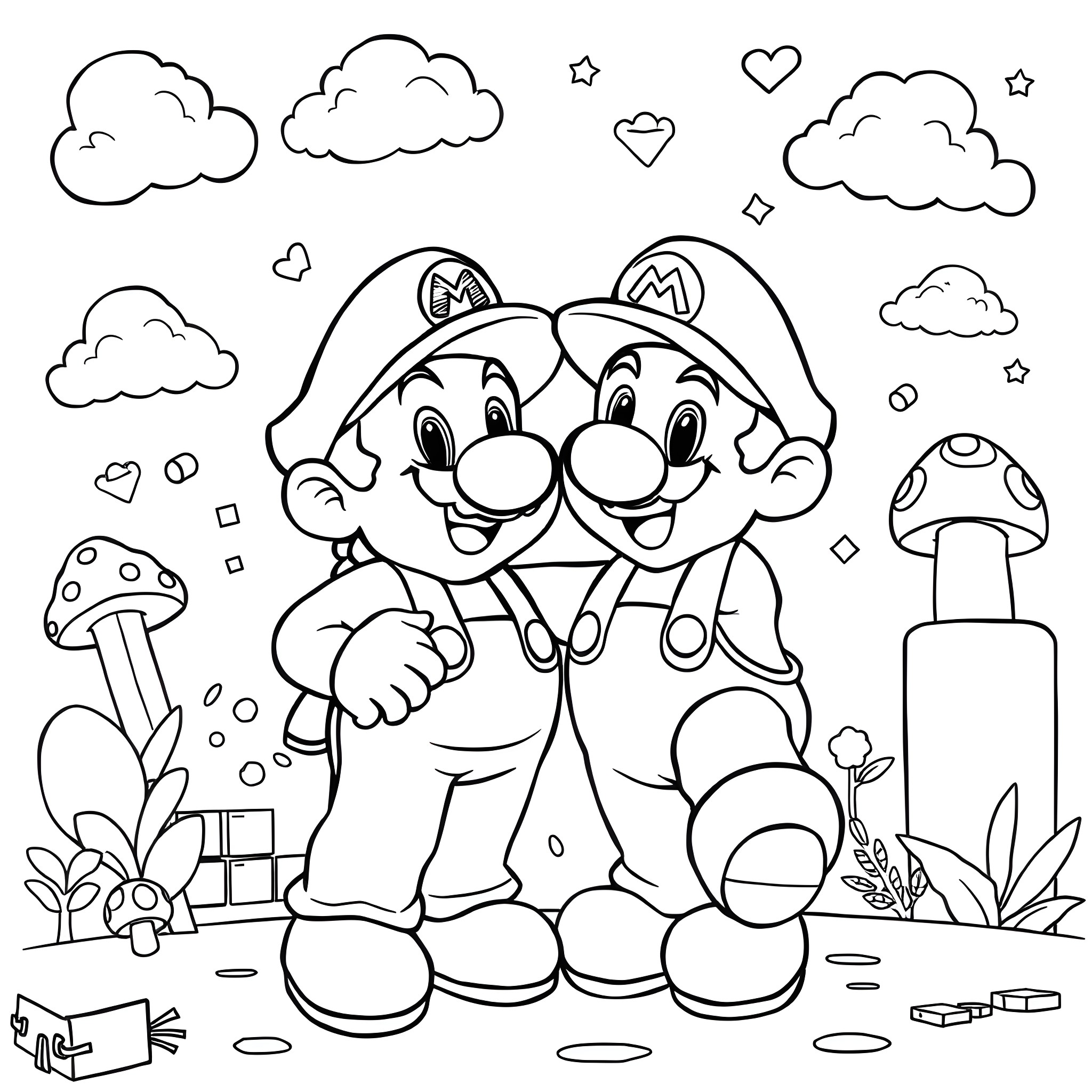 Super Mario Brothers Enjoying the Outdoors Coloring Page (free black-and-white line drawing printable PDF for all, from beginners to advanced learners, including children, teens, adults, and seniors)