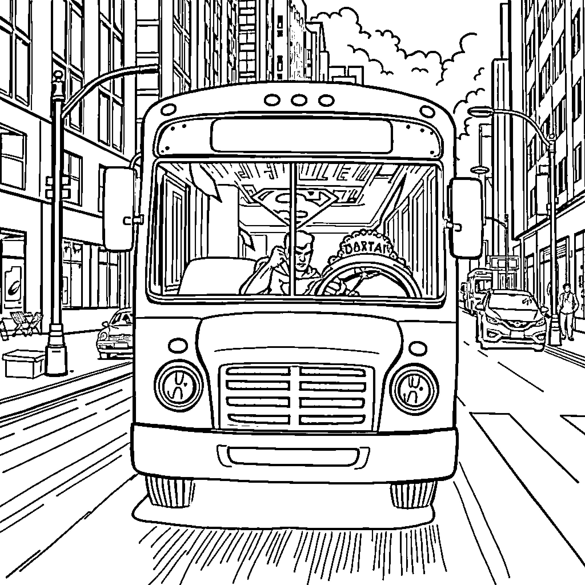 Superman rides the city bus through the streets Coloring Page (free black-and-white line drawing printable PDF for all, from beginners to advanced learners, including children, teens, adults, and seniors)